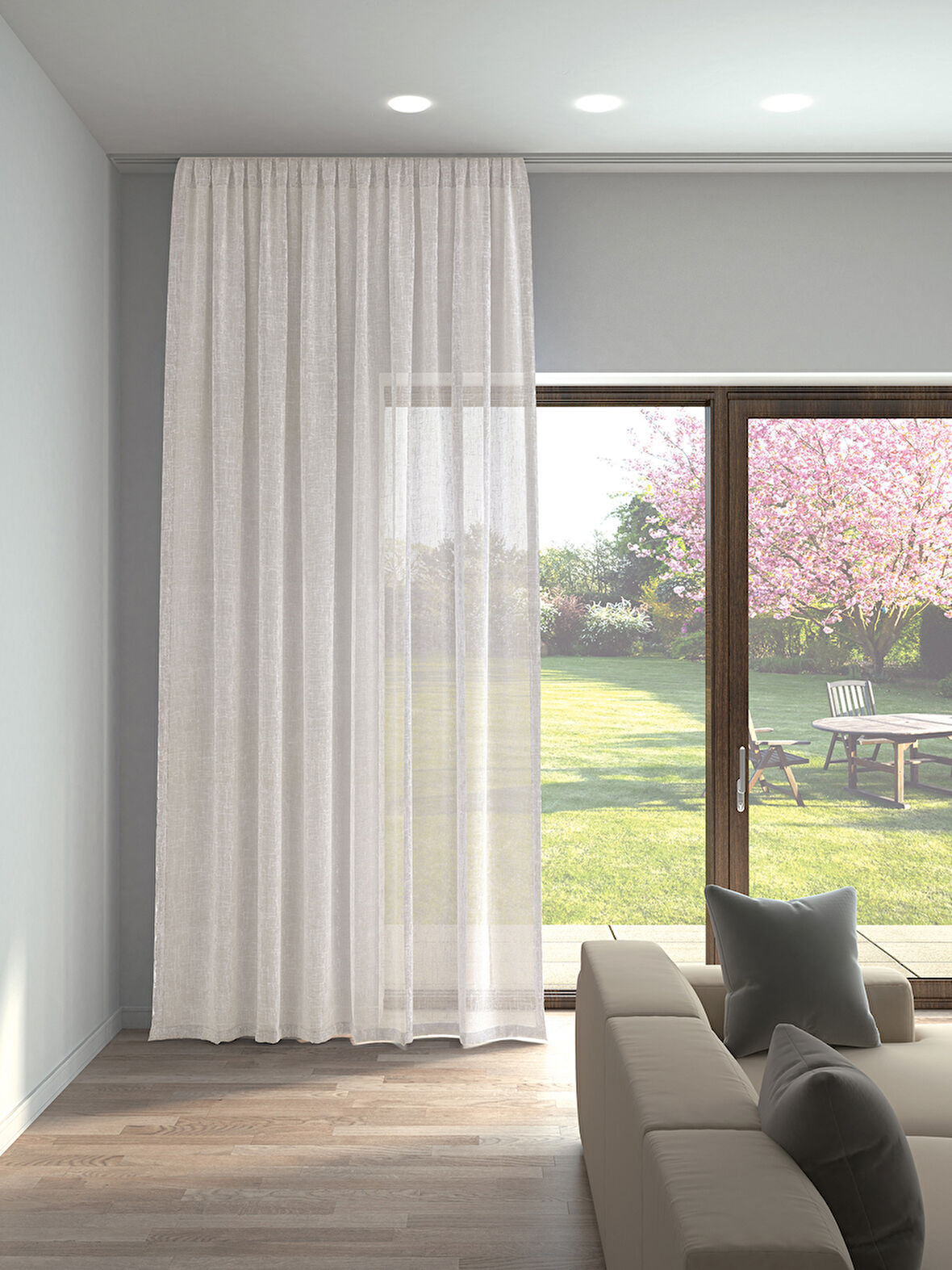 Perle Ekru Renk Keten Görünümlü Düz Tül Perde Ütü Istemez