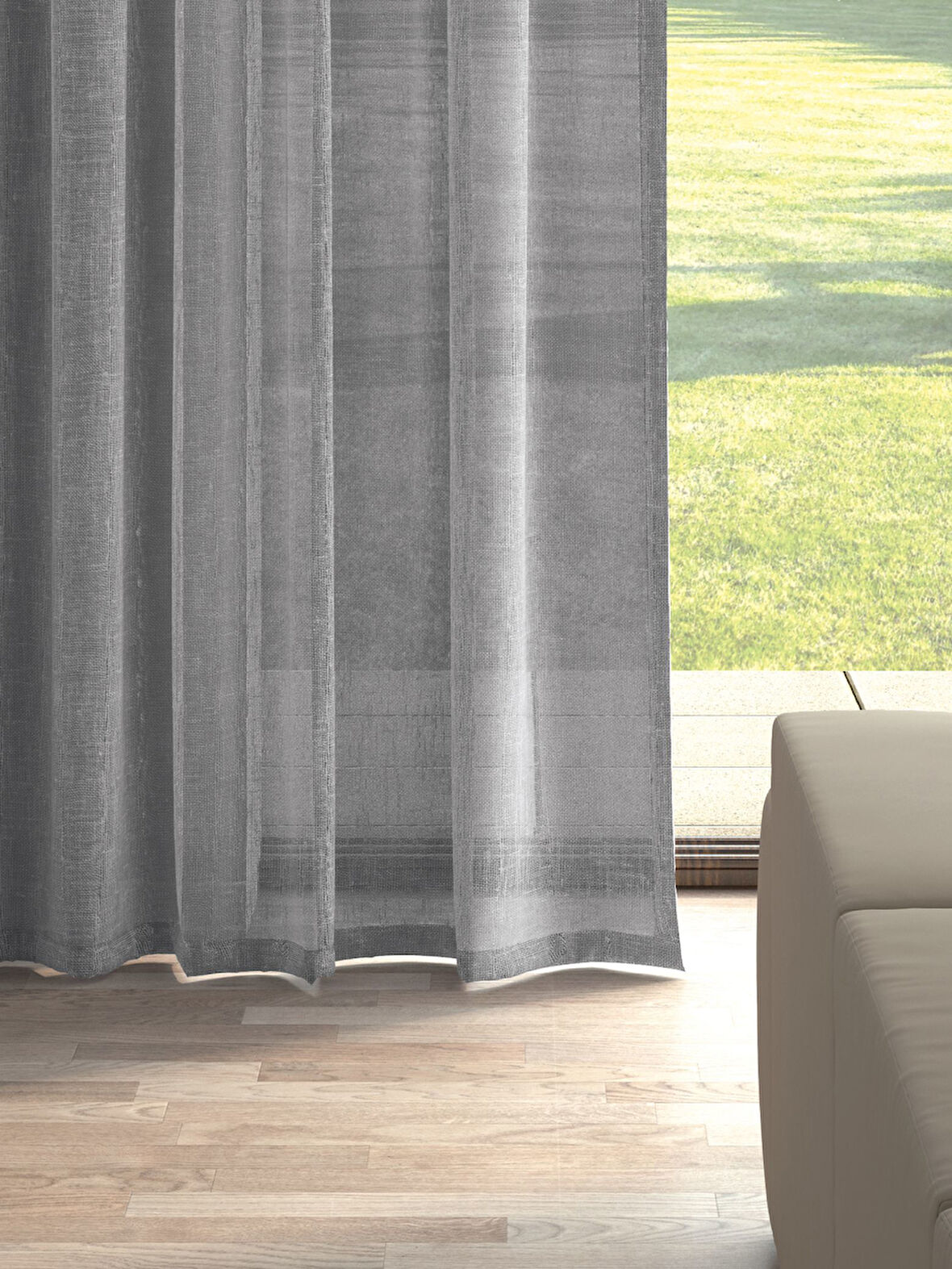 Perle Gri Renk Keten Görünümlü Düz Tül Perde Ütü Istemez