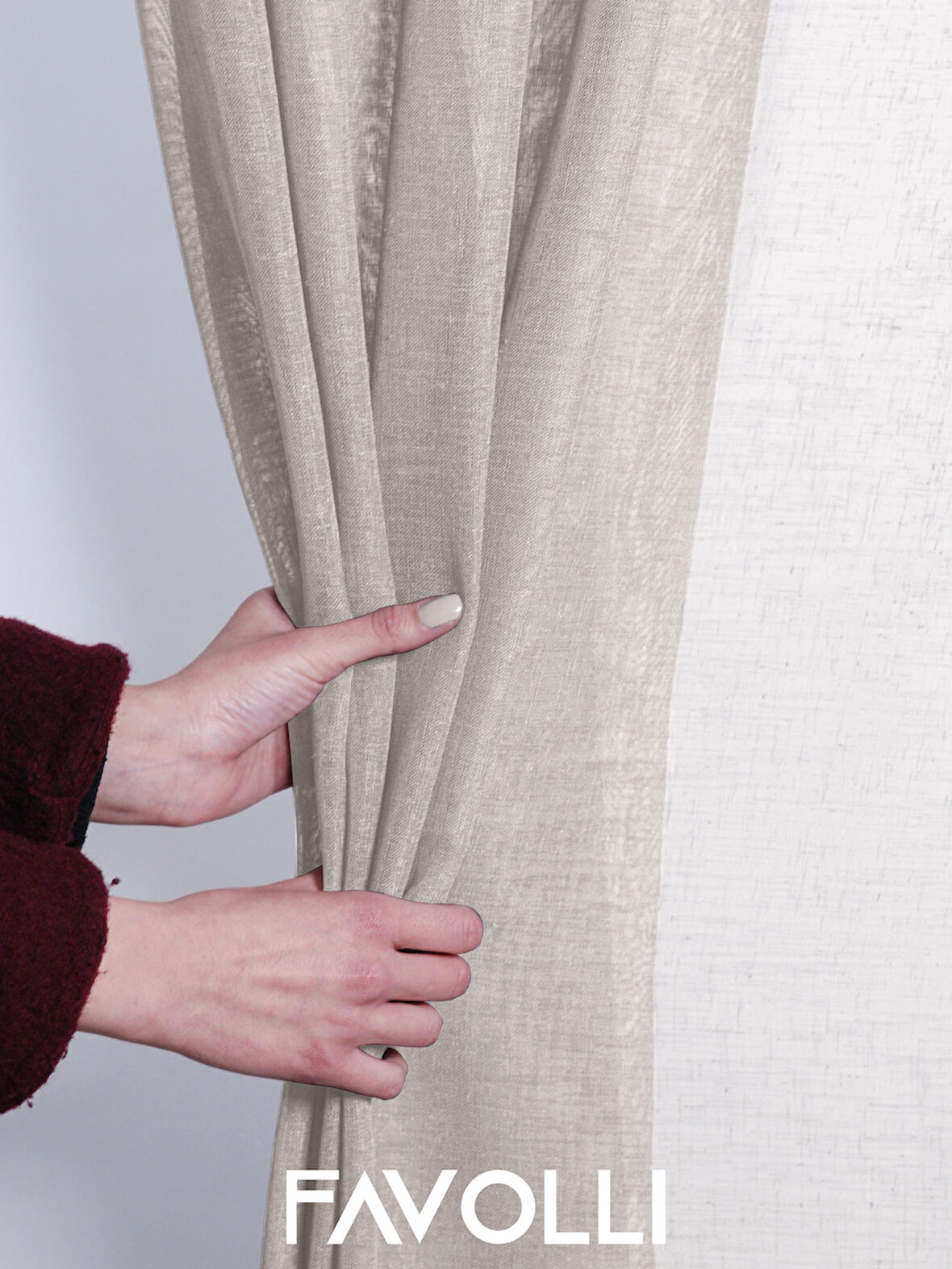 FAVOLLİ Krem Renk Keten Görünümlü Pileli Tül Perde Ütü Istemez