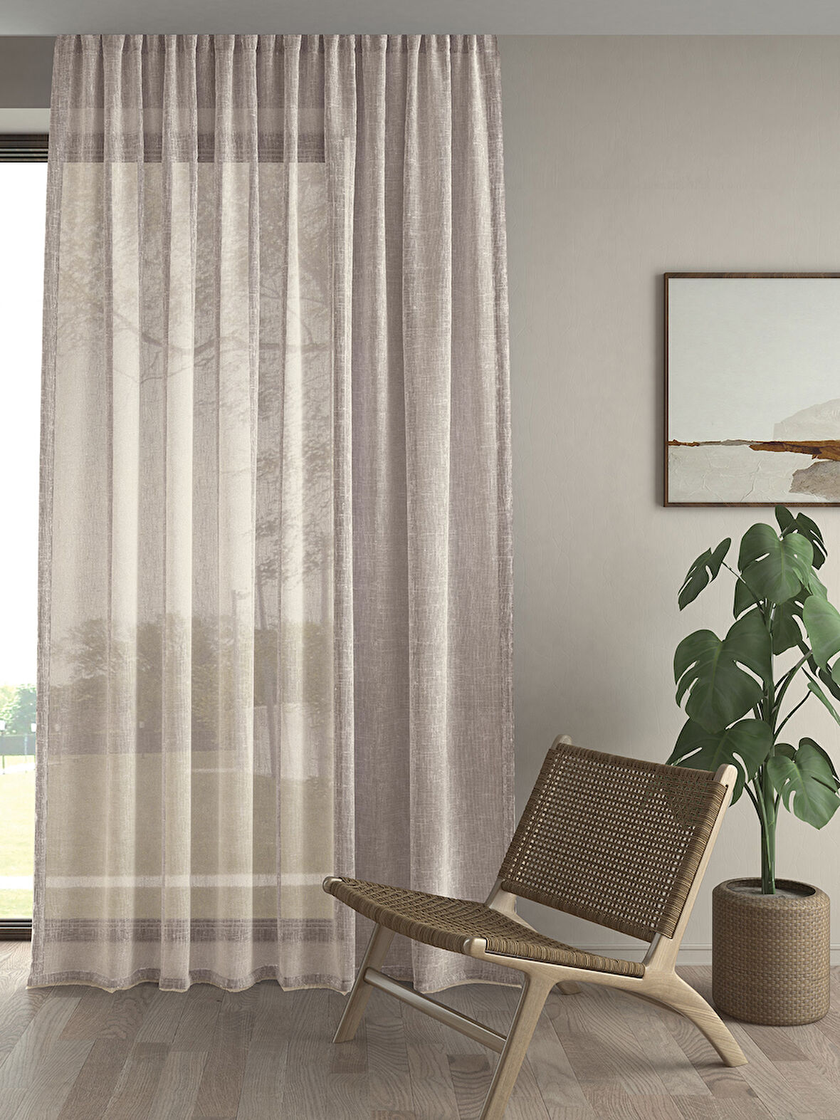 Demor Home Keten Görünümlü Ekstrafor Büzgülü Krem Rengi Yüksek Kalite Tül Perde