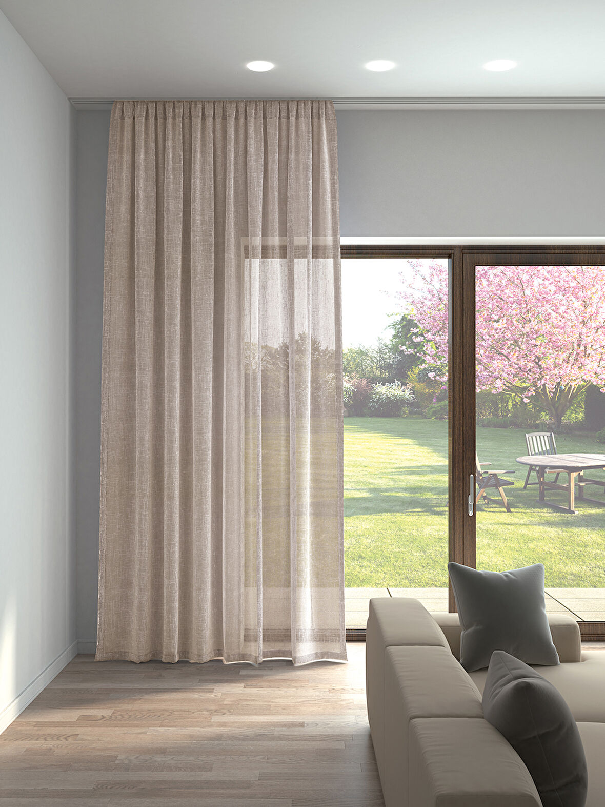 Perle Sütlü Kahve Rengi Keten Görünümlü Düz Tül Perde Ütü Istemez