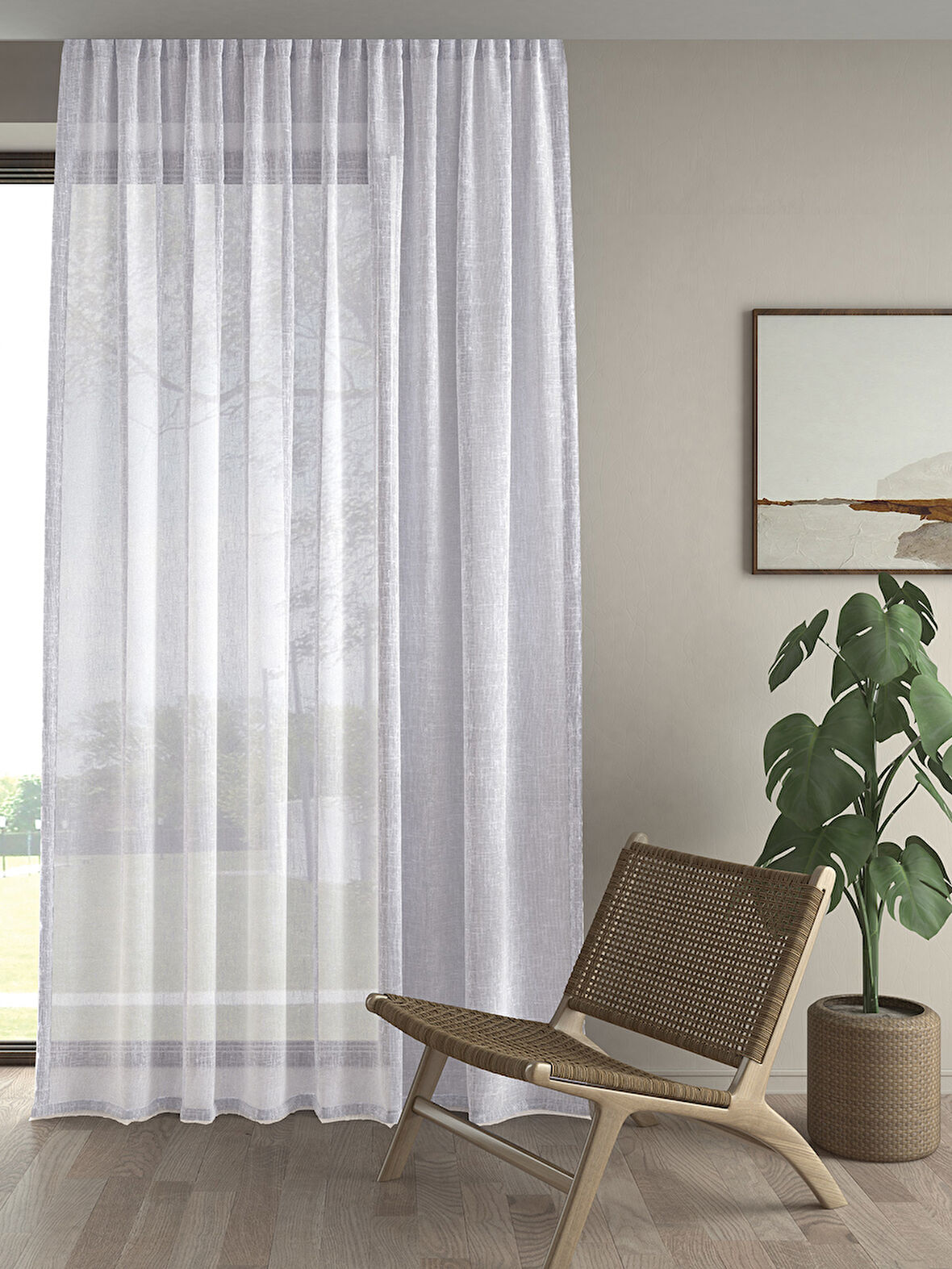 Demor Home Keten Görünümlü Ekstrafor Büzgülü Beyaz Yüksek Kalite Tül Perde