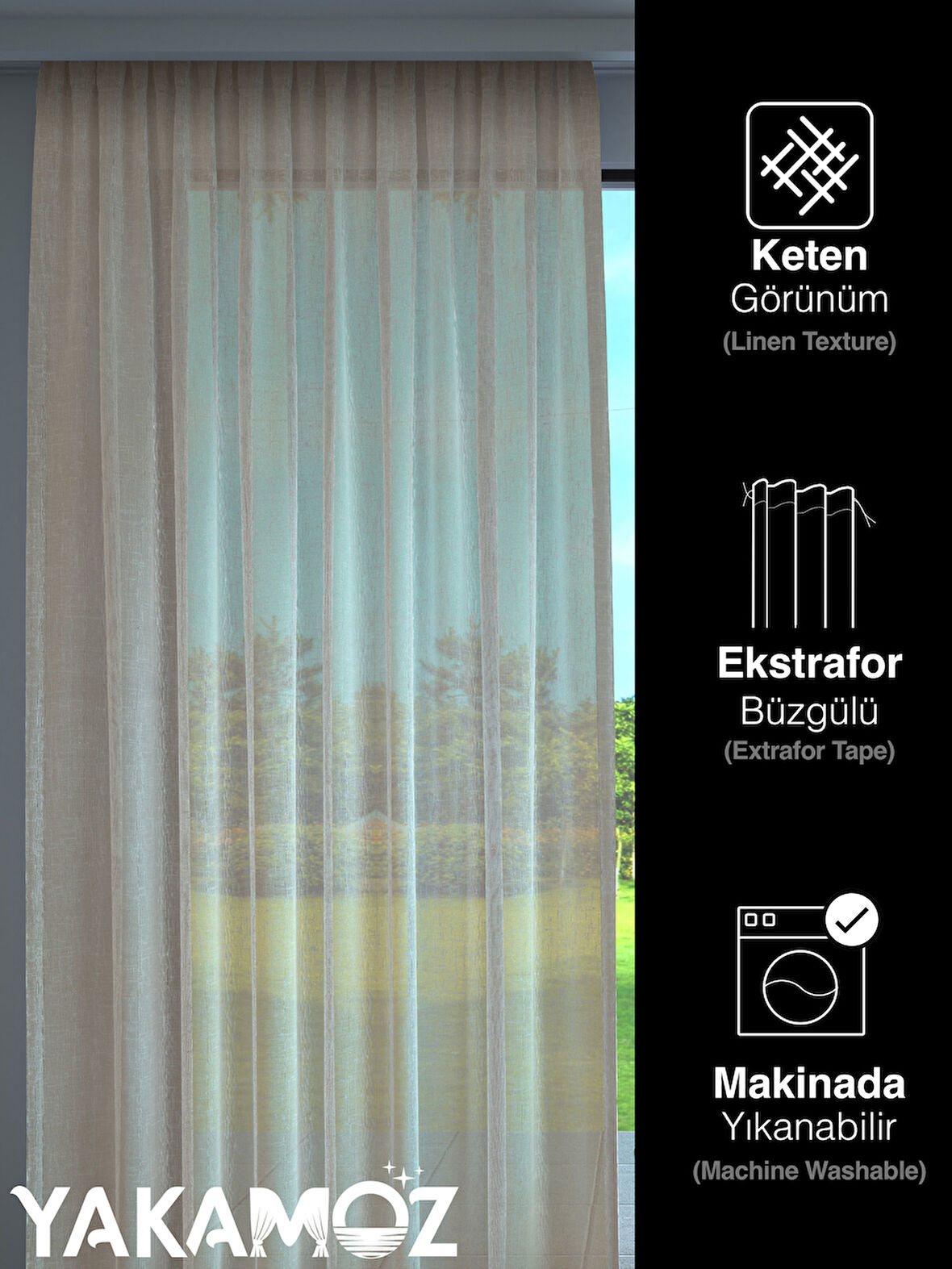 Yakamoz Bej Keten Görünümlü Ekstraforlu Tül Perde Linen Touch Serisi