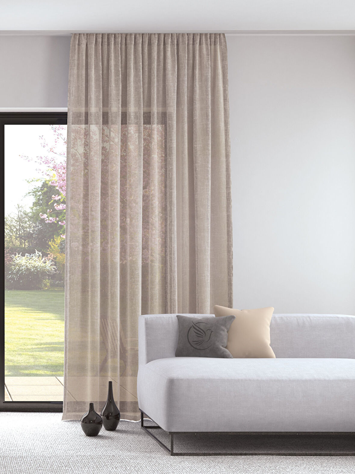 Pastel Açık Kahve Rengi Keten Görünümlü Ekstraforlu Tül Perde Ütü Istemez