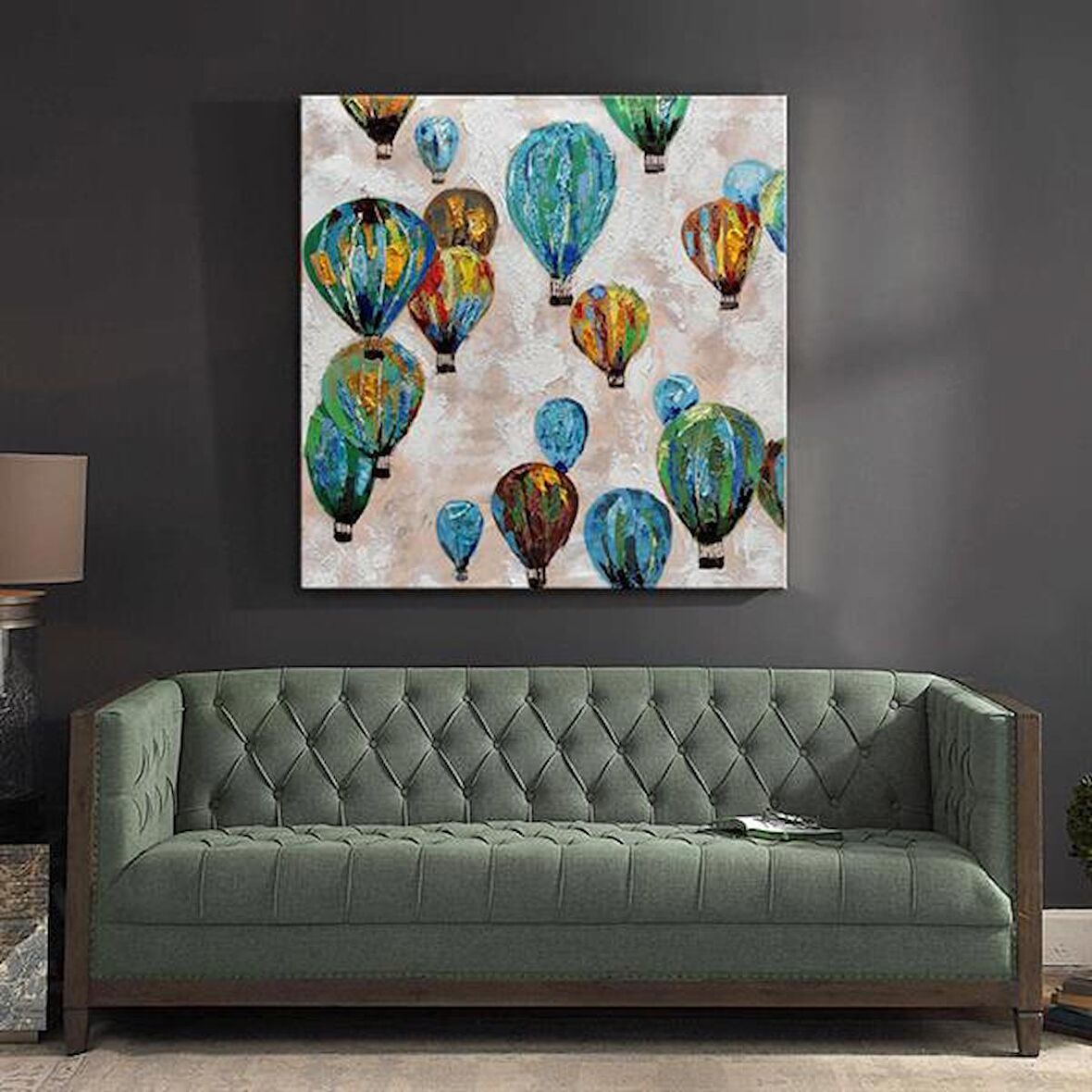 TABLOLIFE Uçan Balonlar - Yağlı Boya Dokulu Tablo 80X80,Çerçeve;Gümüş