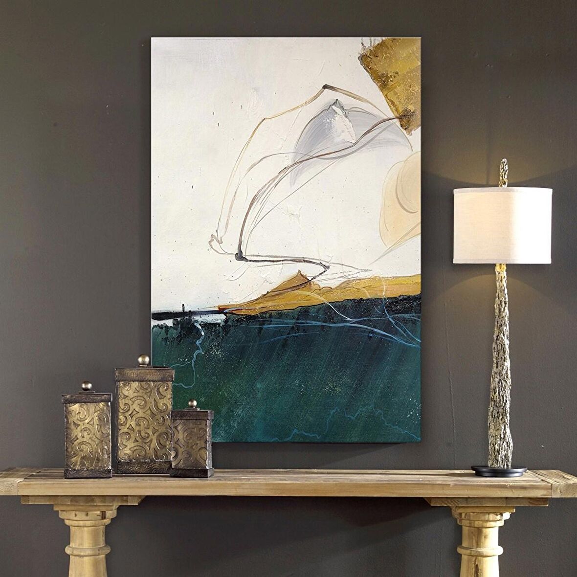 TABLOLIFE Soyut Mavi & Beyaz - Yağlı Boya Dokulu Tablo 75X100,Çerçeve;Gold