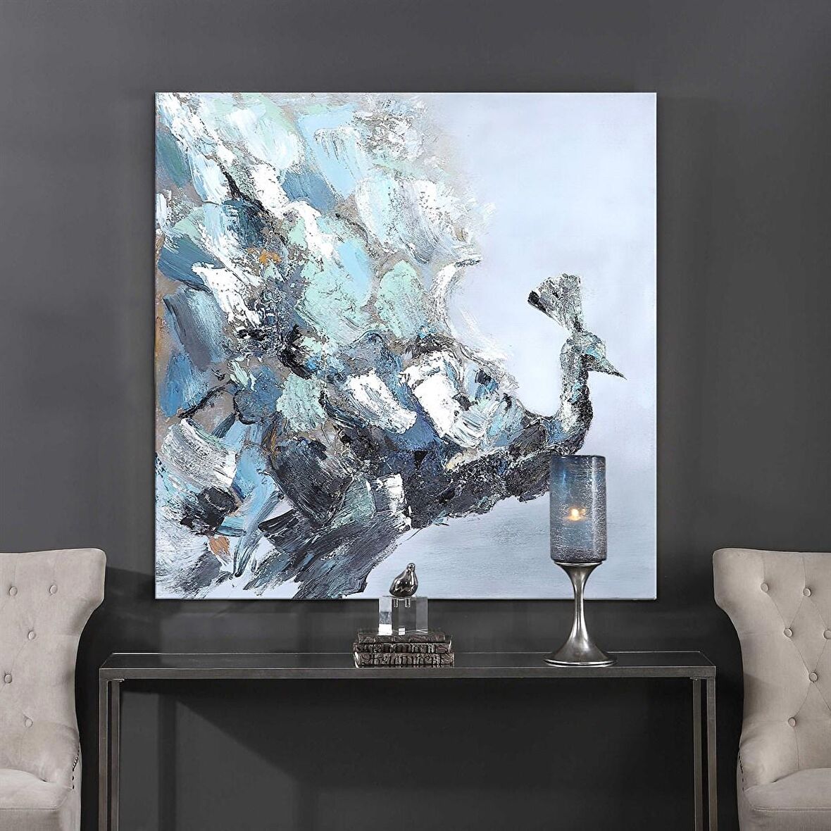 TABLOLIFE Soyut Tavus Kuşu - Yağlı Boya Dokulu Tablo 80X80,Çerçeve;Siyah