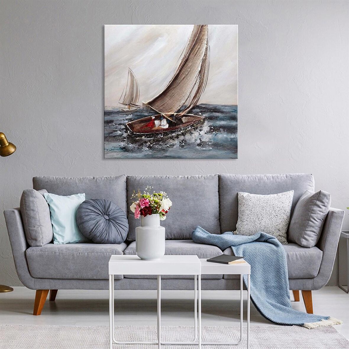 TABLOLIFE Yelkenli - Yağlı Boya Dokulu Tablo 100X100,Çerçeve;Çerçevesiz