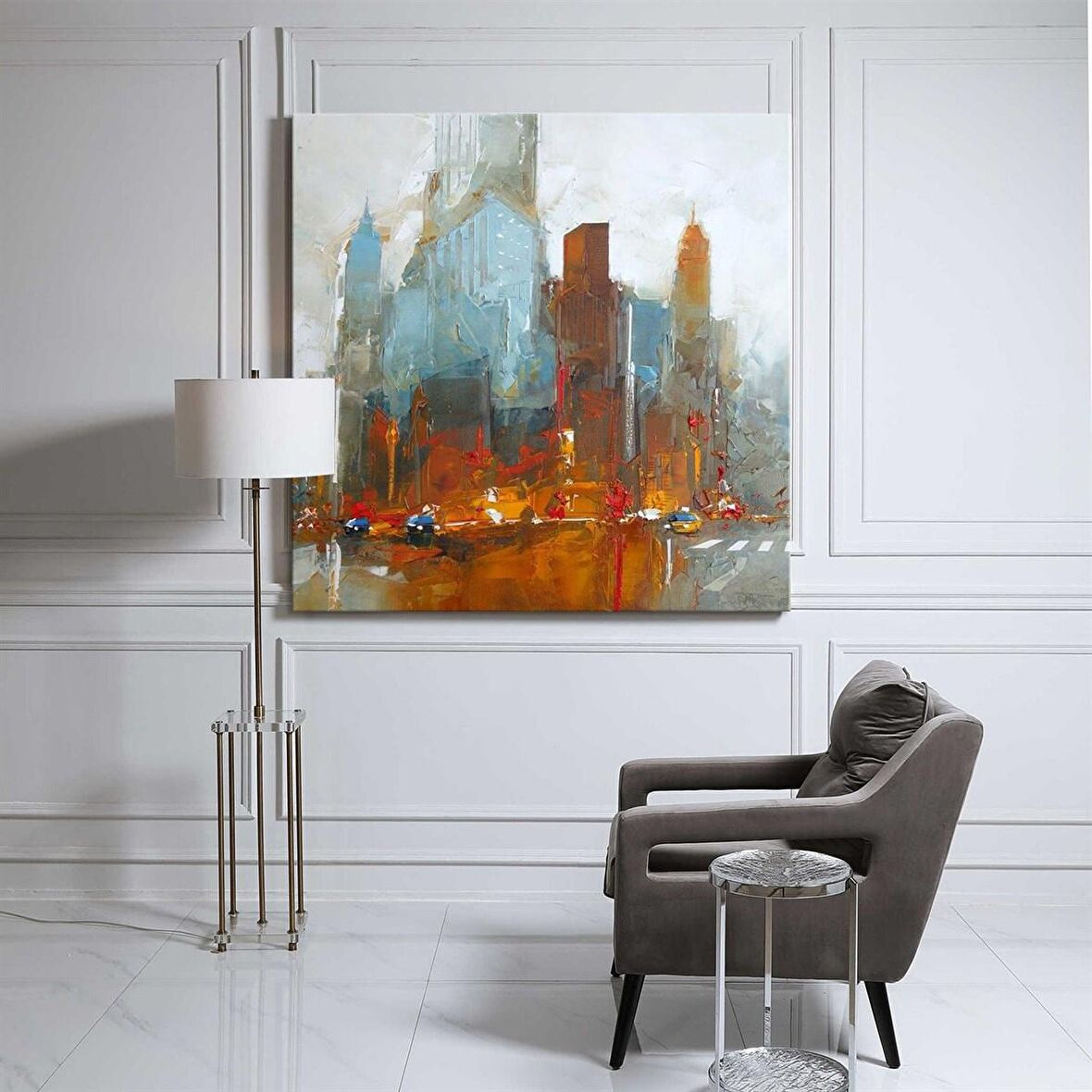 TABLOLIFE Soyut Şehir 2 - Yağlı Boya Dokulu Tablo 100X100,Çerçeve;Çerçevesiz