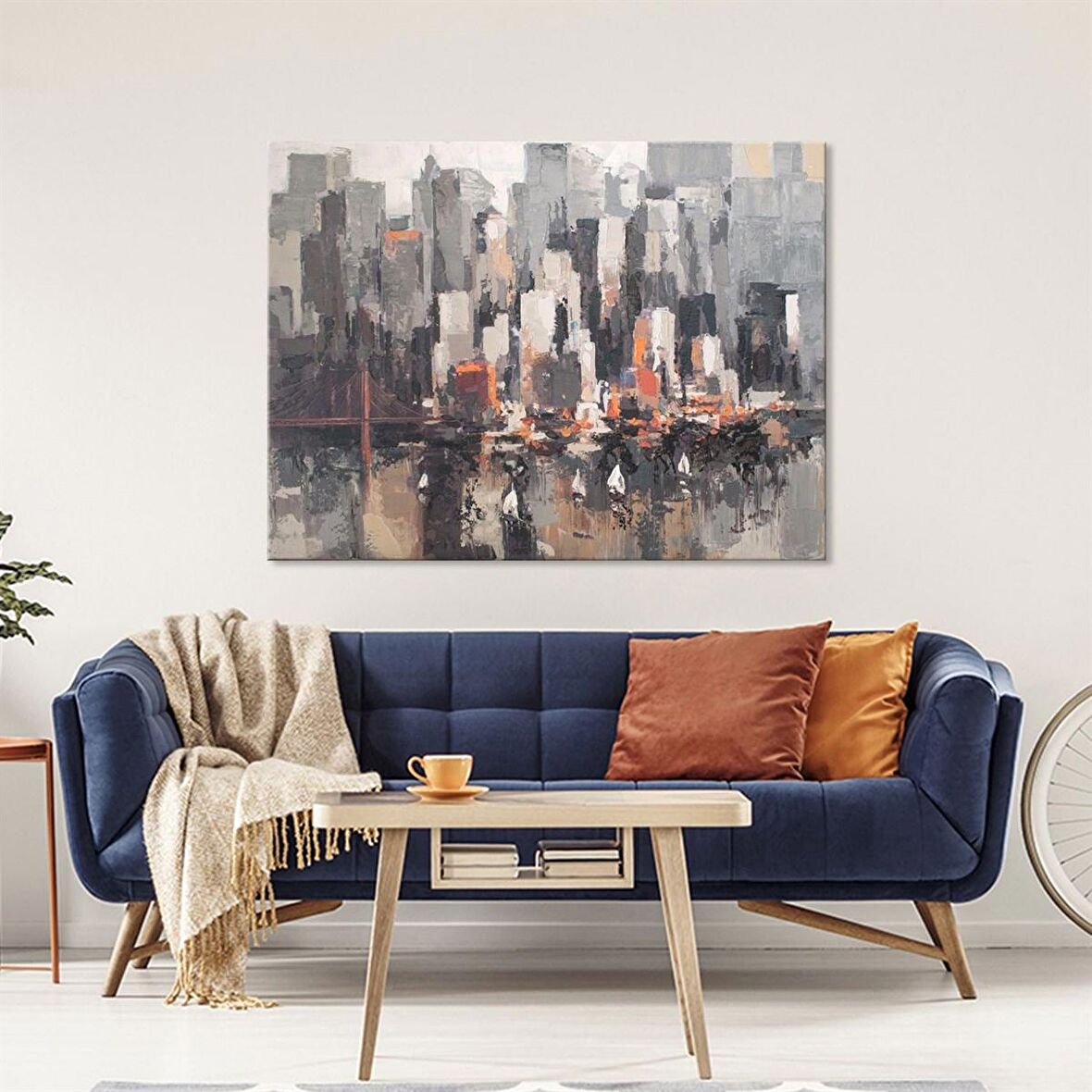 TABLOLIFE Soyut Şehir 3 - Yağlı Boya Dokulu Tablo 75X100,Çerçeve;Gümüş