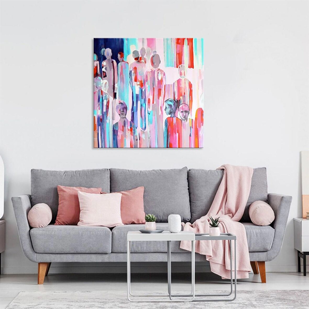 TABLOLIFE Soyut İnsanlar - Yağlı Boya Dokulu Tablo 80X80,Çerçeve;Gümüş