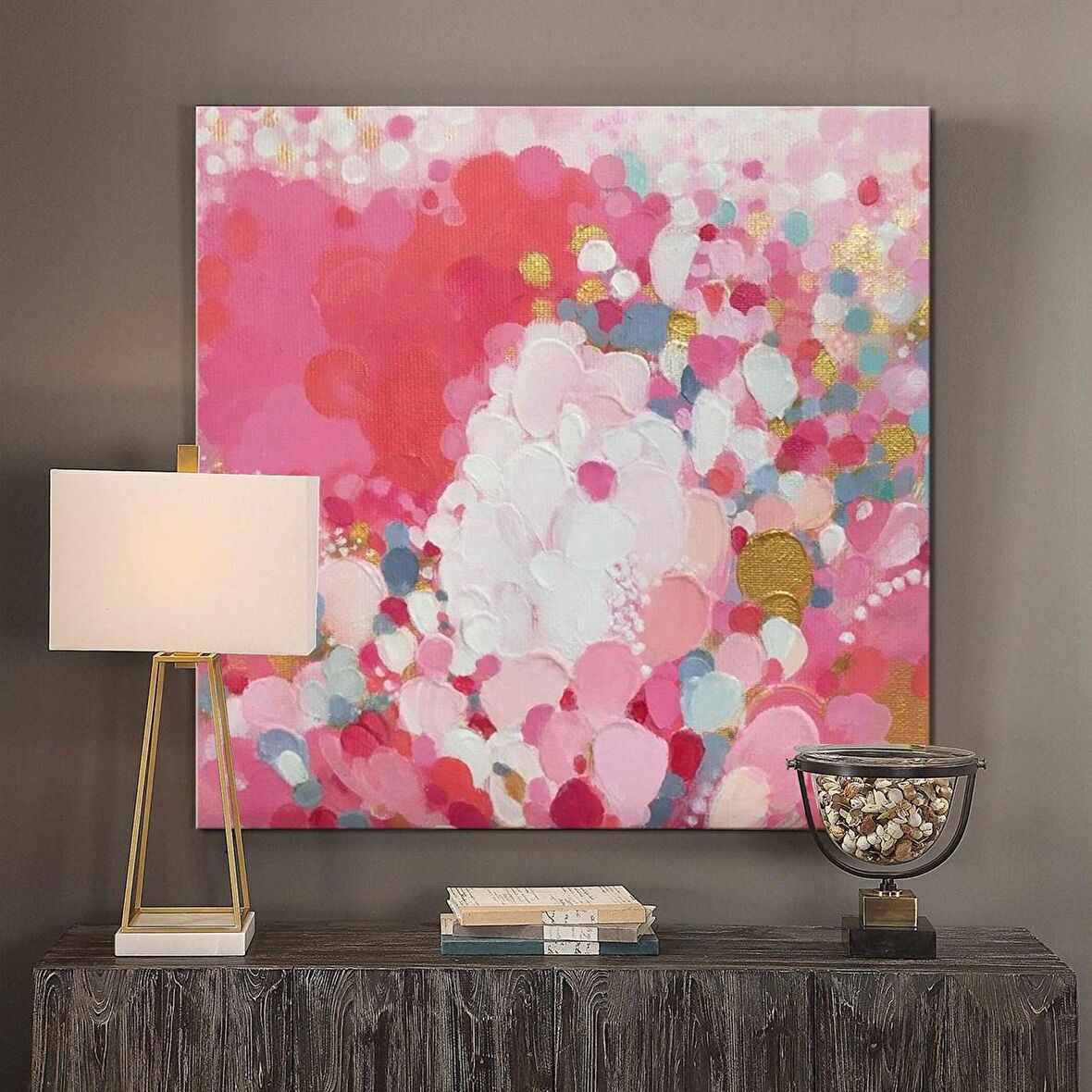 TABLOLIFE Pembe Baloncuklar - Yağlı Boya Dokulu Tablo 80X80,Çerçeve;Siyah