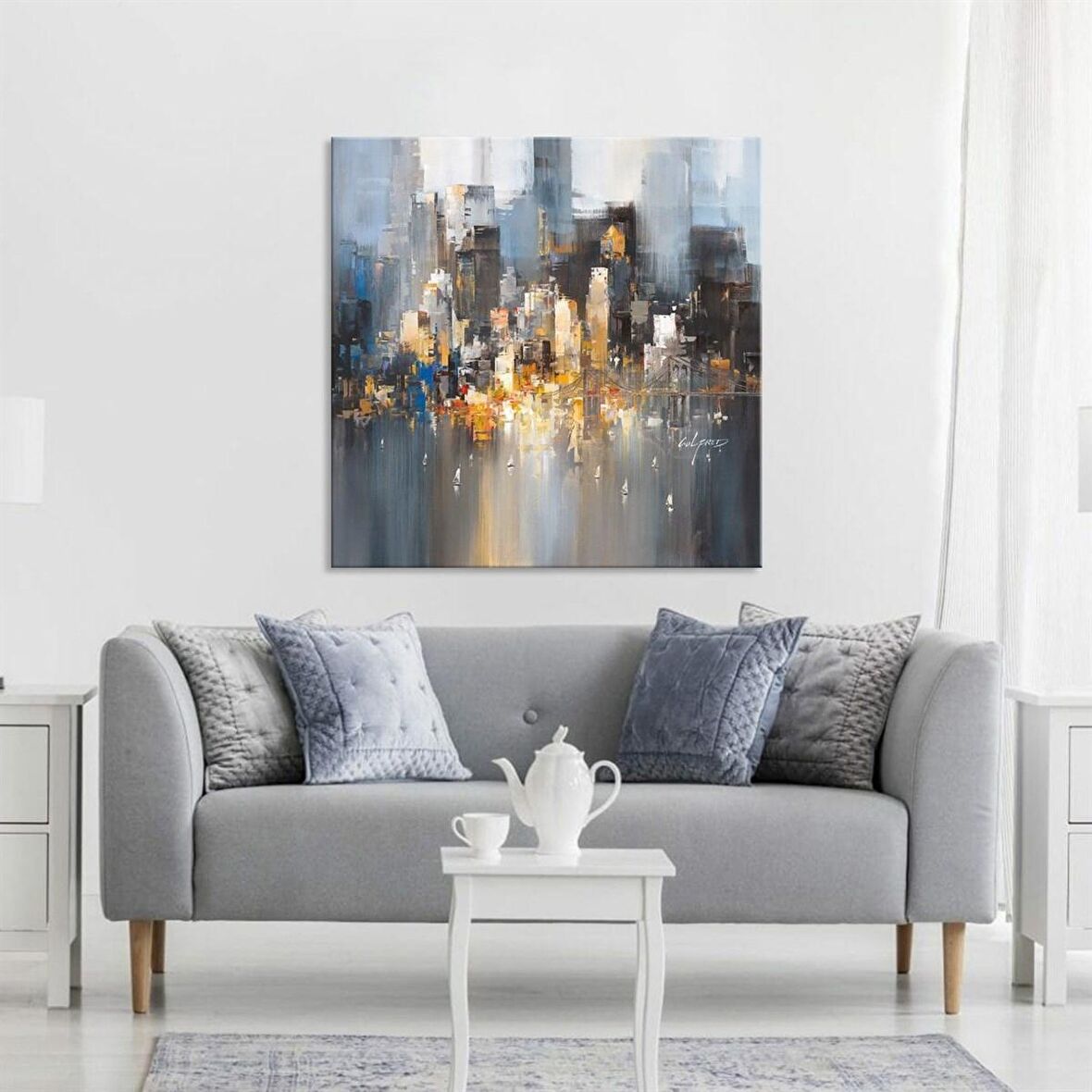 TABLOLIFE Gri Şehir Silüeti - Yağlı Boya Dokulu Tablo 75X150,Çerçeve;Çerçevesiz