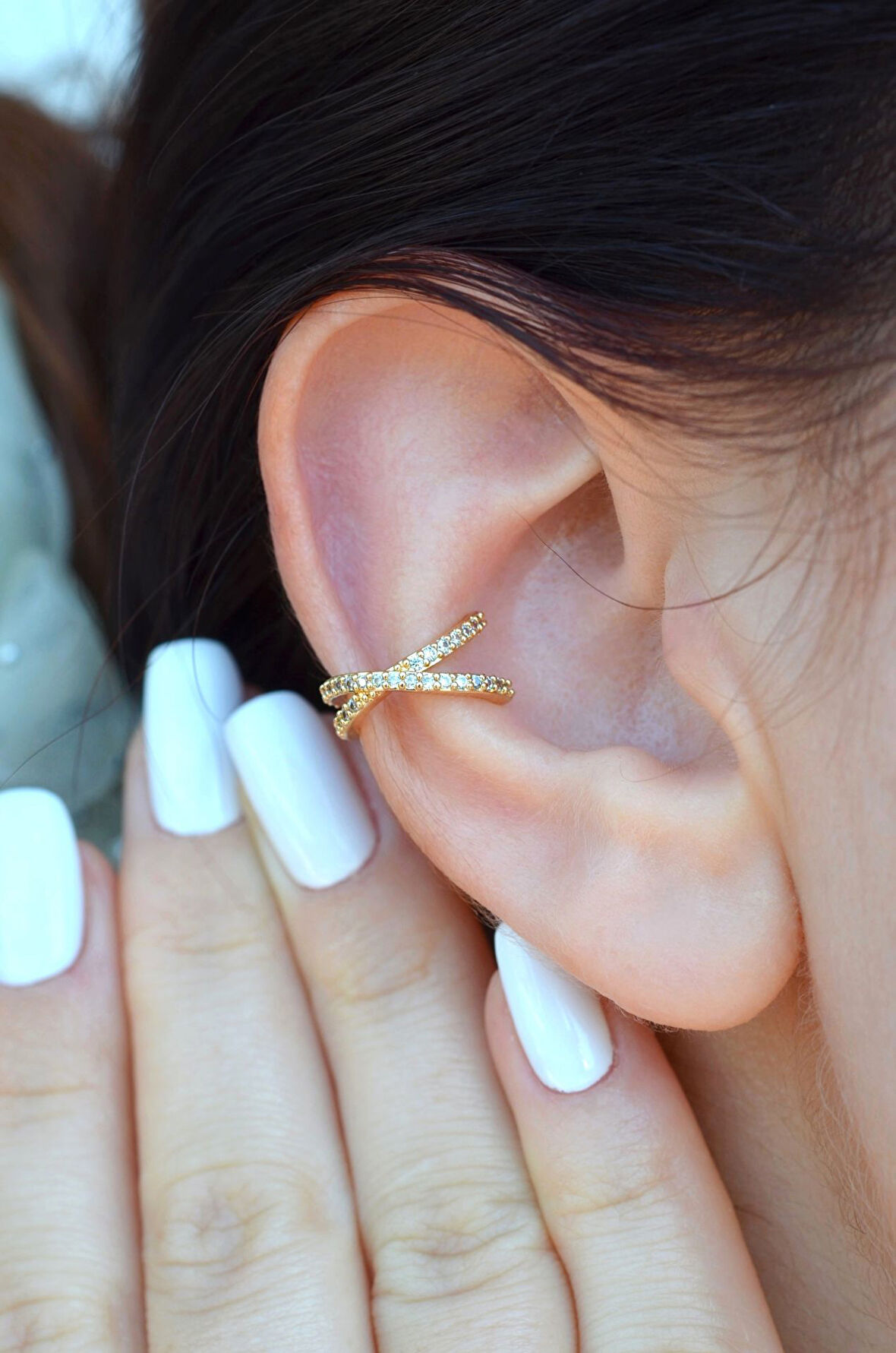 Delik Gerektirmeyen Kıkırdak Küpesi Çapraz Model Earcuff Gold Renk