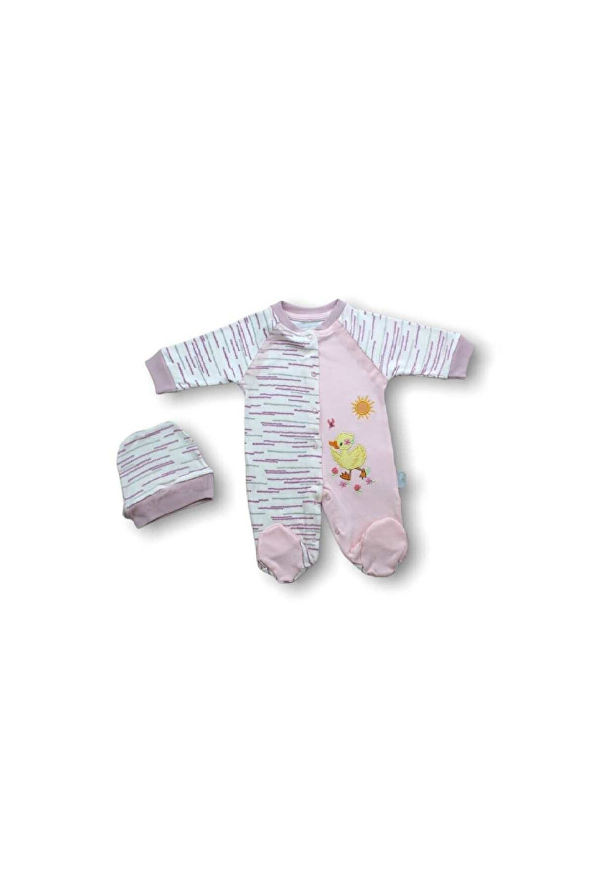 Pembe Kız Bebek Tulum Ördek Nakış Şapkalı %100 Pamuklu Yenidoğan Uzun Kollu Ayaklı 0-3/3-6/6-9 Ay