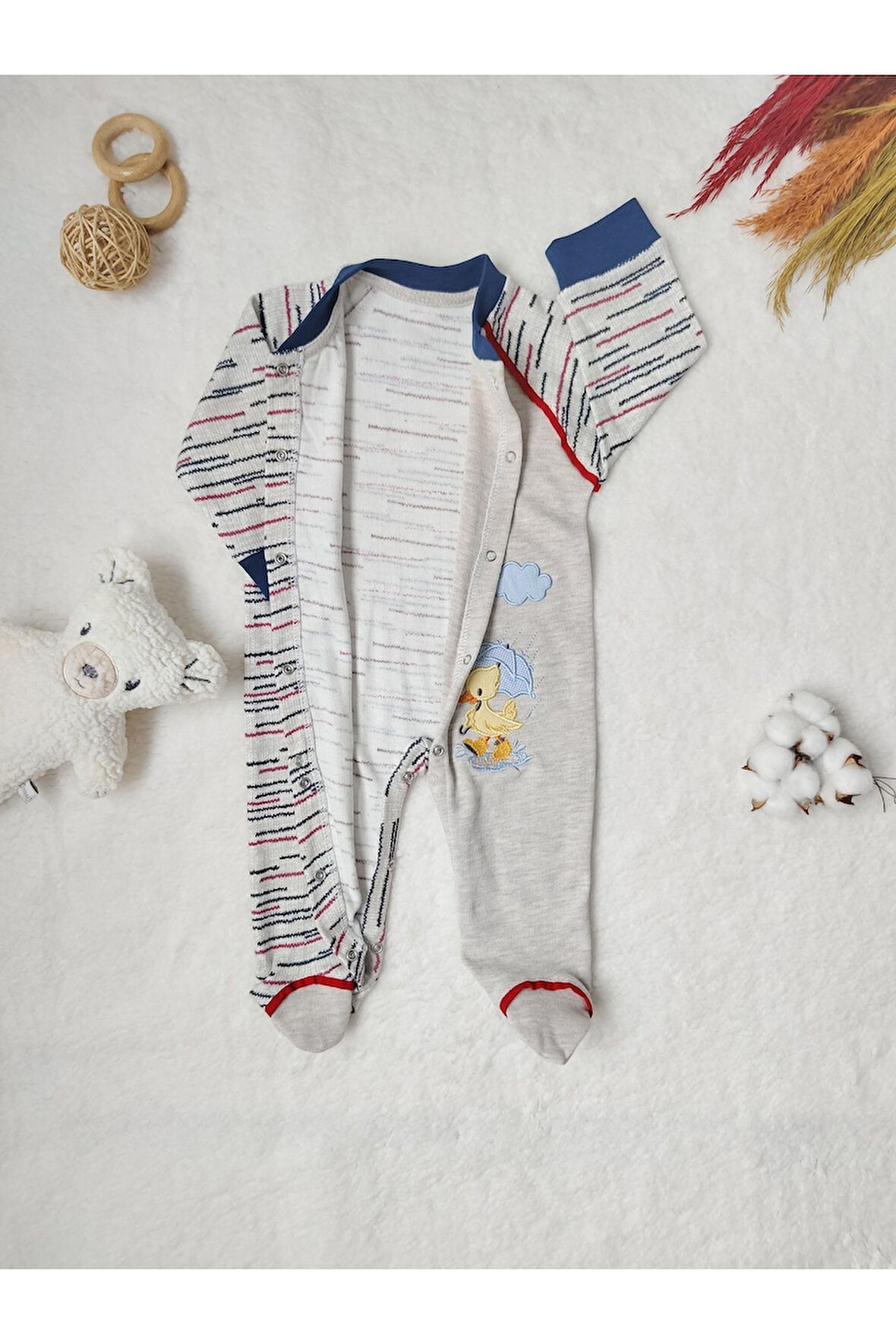 Erkek Bebek Tulum Lacivert Şemsiyeli Ördek Şapkalı Nakışlı Hediyelik Mevsimlik