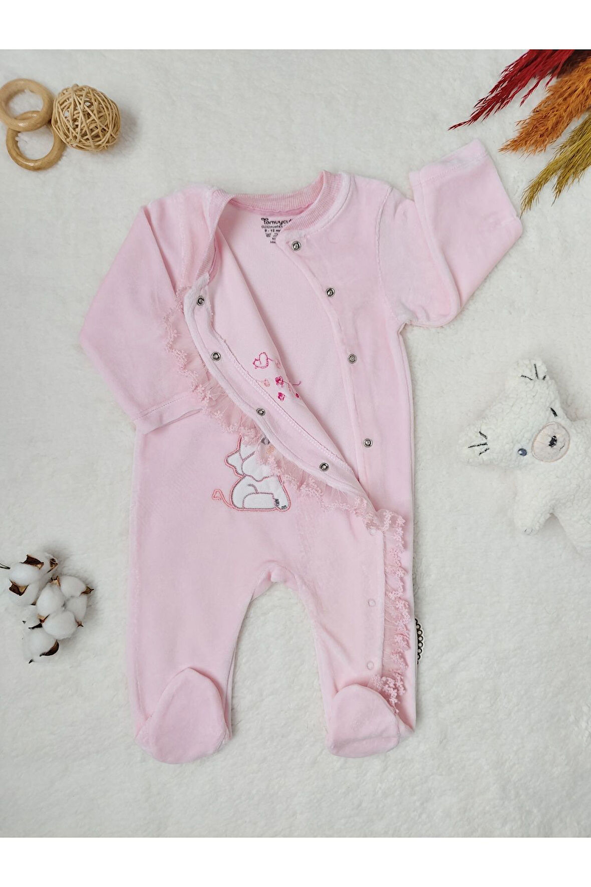 Kız Bebek Tulum Kadife Pembe Romantik Fil Nakışlı Bebek Giyim Yenidoğan Hediyelik