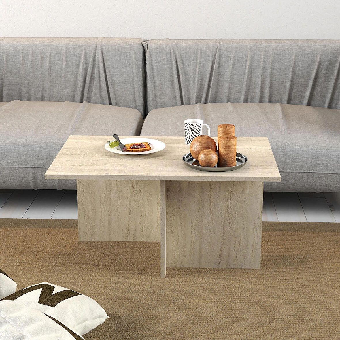 Traverten Orta Sehpa 90 cm Mermer Desenli