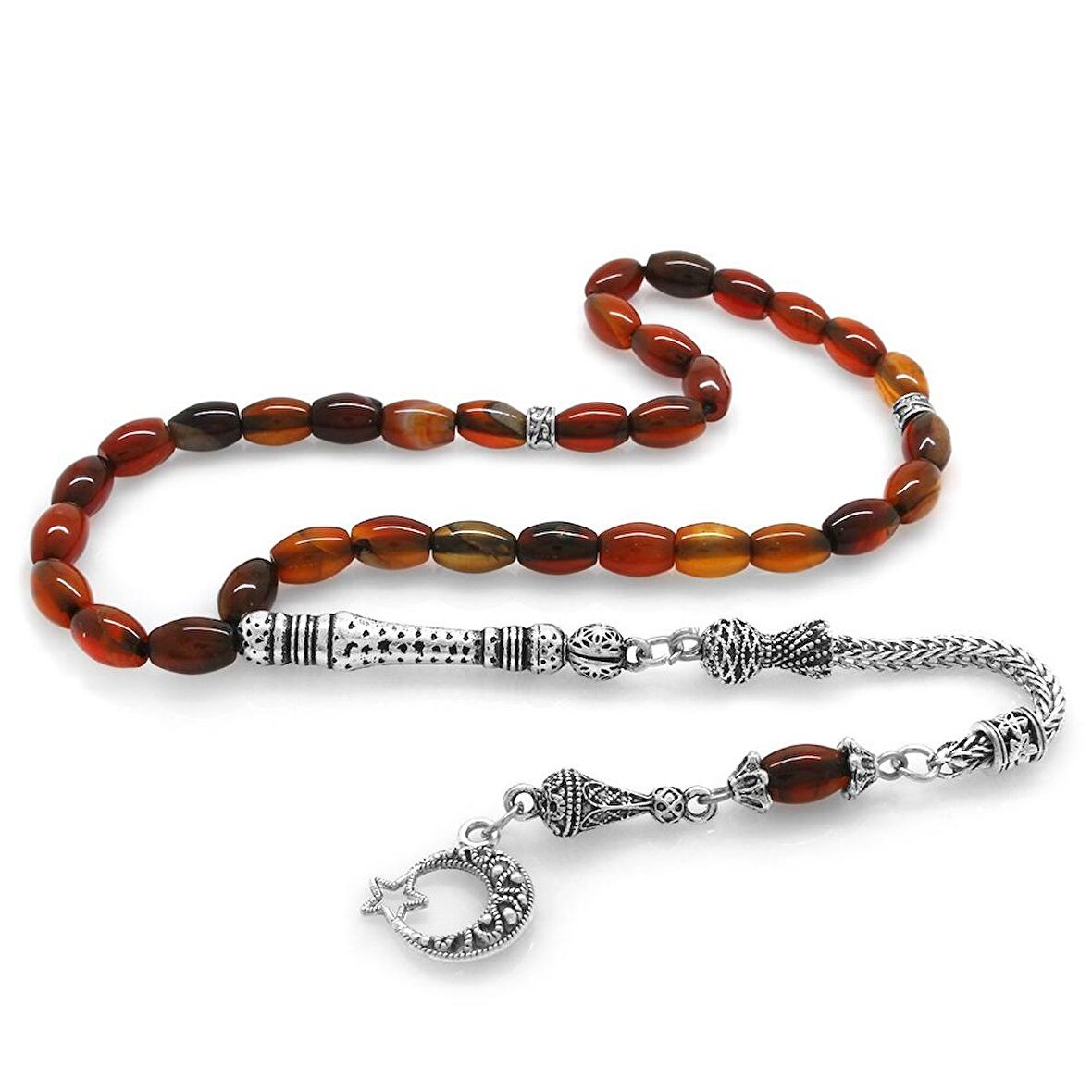 Kararmaz Metal Ayyıldız Püsküllü Arpa Kesim Kırmızı Akik Tesbih