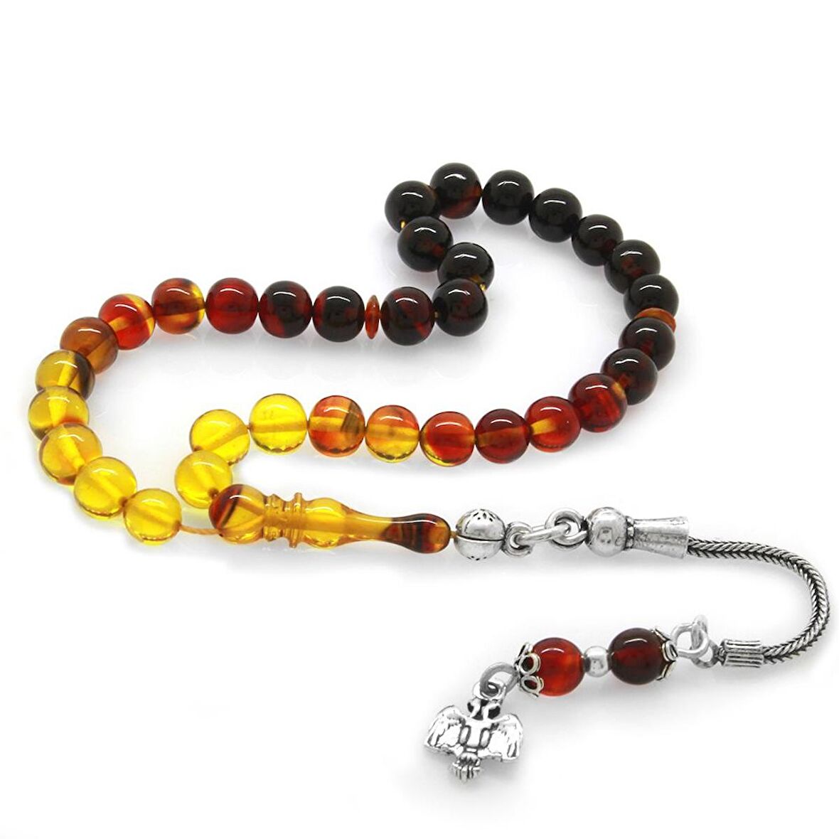 925 Ayar Gümüş Püsküllü Küre Kesim Bilek Boy Süzme Bala-Siyah Ateş Kehribar Tesbih