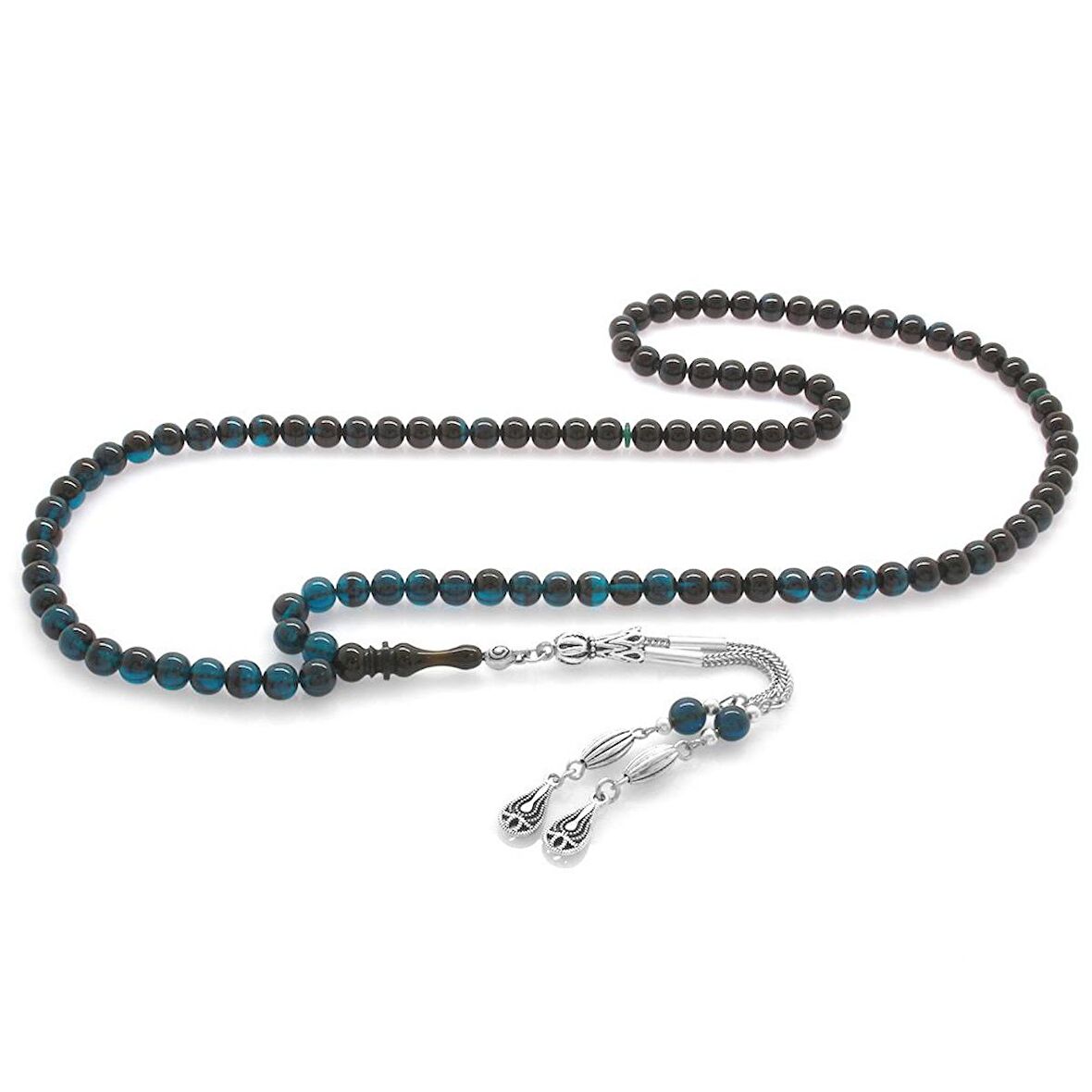 Kararmaz Metal Su Damlası Püsküllü Küre Kesim Süzme Turkuaz-Siyah Ateş Kehribar 99'luk Tesbih