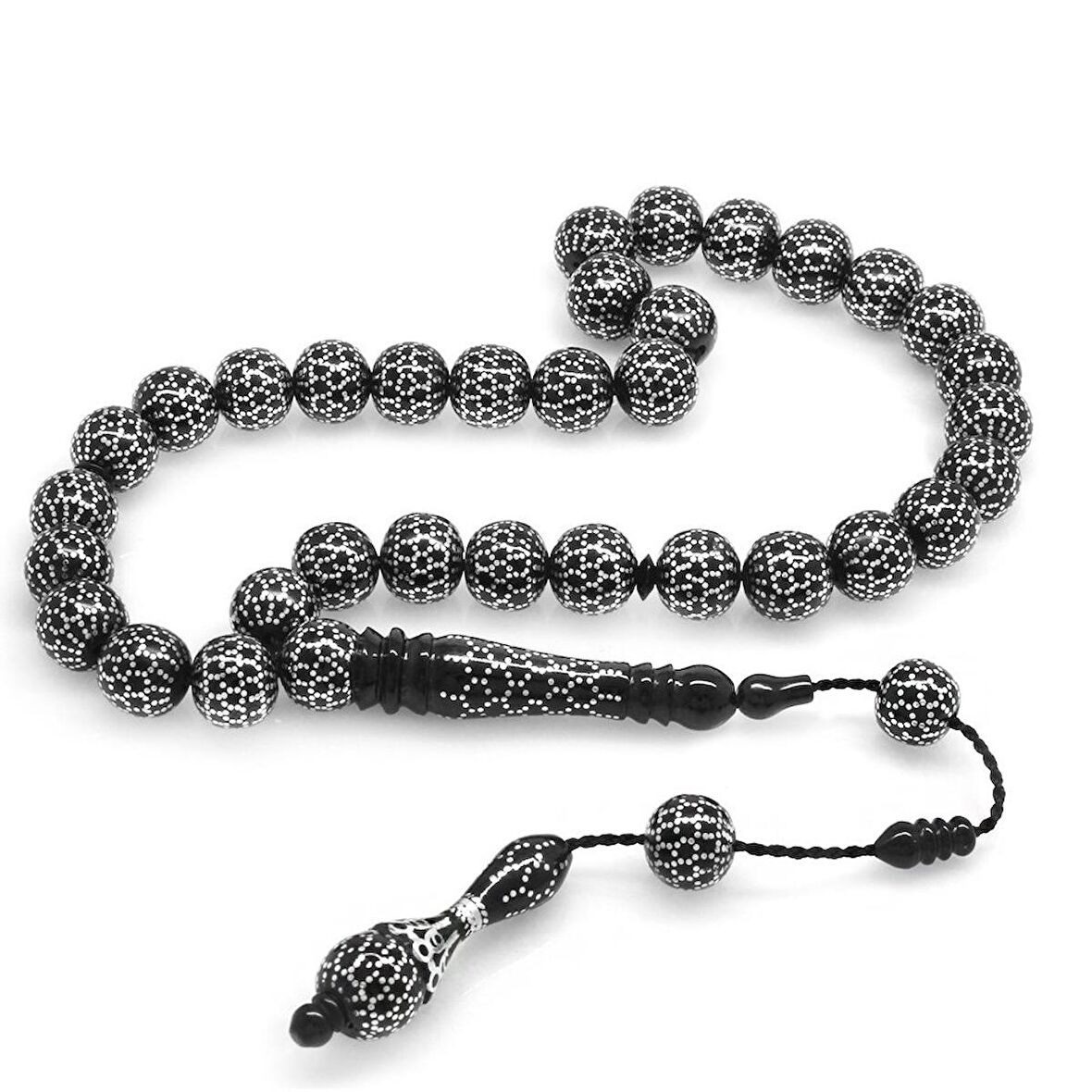 Hitamesi Nakkaşiyeli Kumpas İşçilikli Yoğun Gümüş İşlemeli Küre Kesim Erzurum Oltu Taşı Tesbih