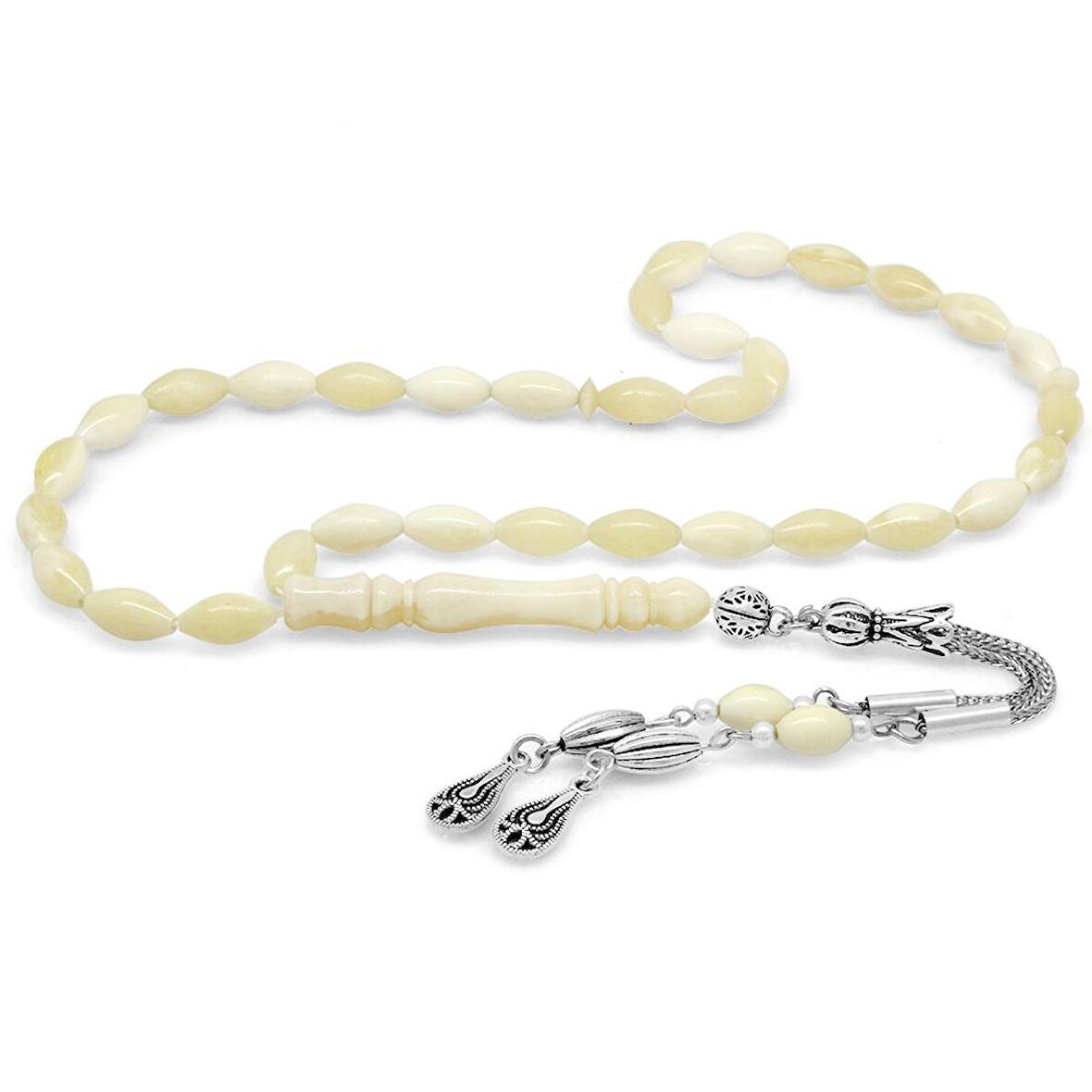 Kararmaz Metal Su Damlası Püsküllü Arpa Kesim Natural Renk Deve Kemiği Tesbih