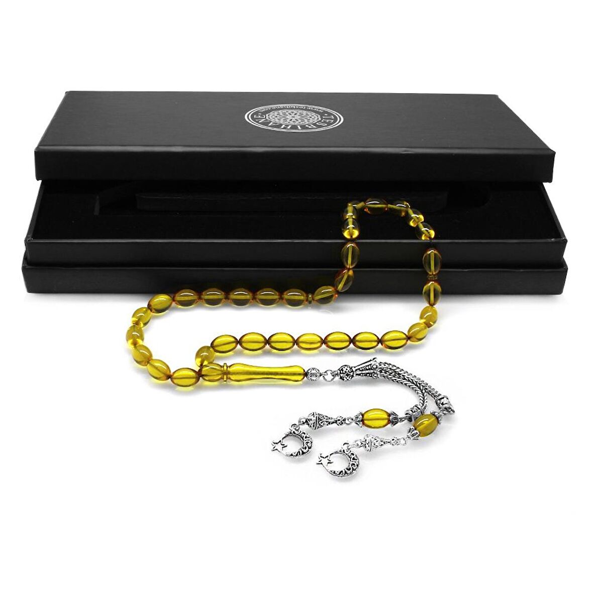 Kararmaz Metal Ayyıldız Püsküllü Arpa Kesim Şeffaf Sarı Ateş Kehribar Tesbih