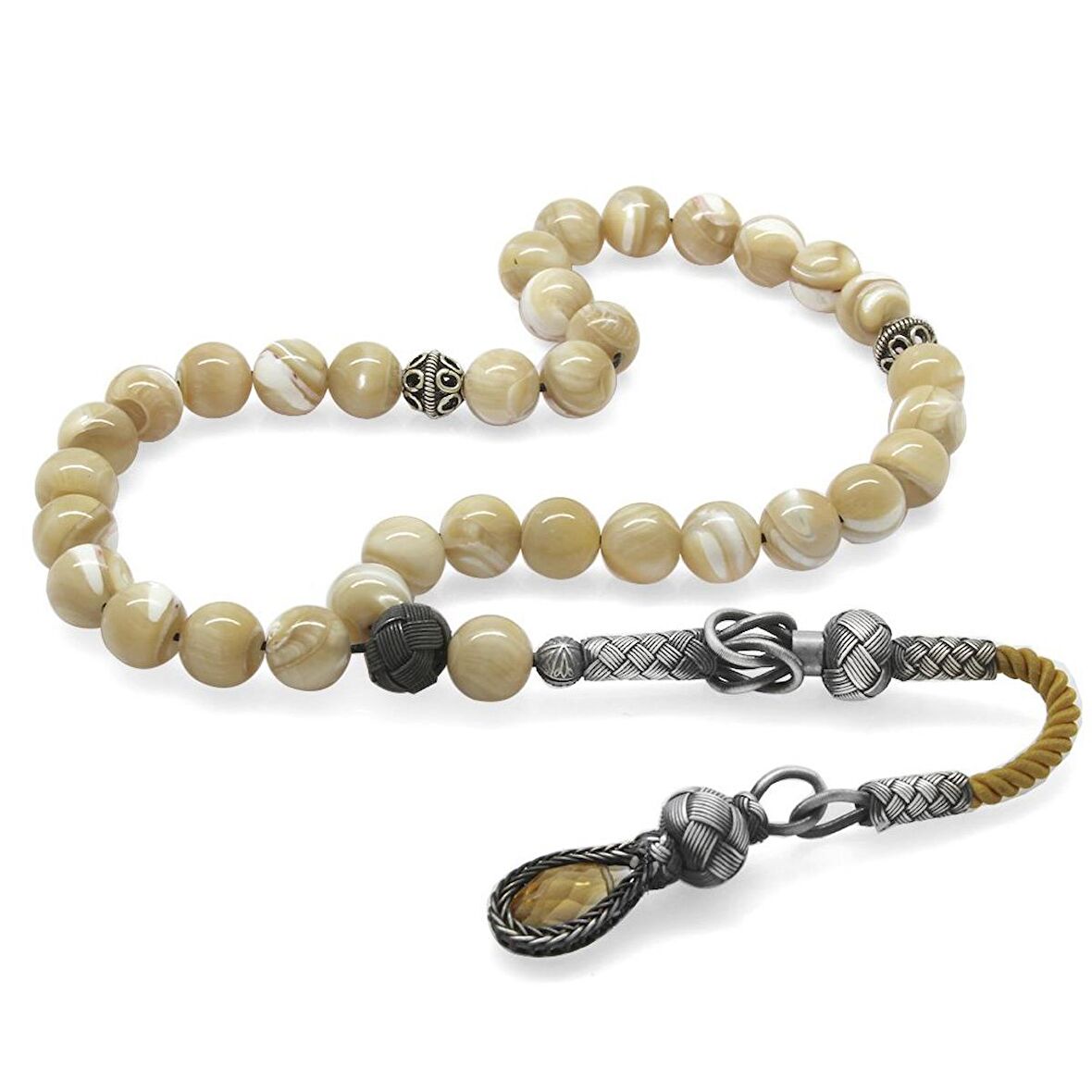 1000 Ayar Gümüş Kazaz Püsküllü Küre Kesim Sarı Sedef Doğaltaş Tesbih