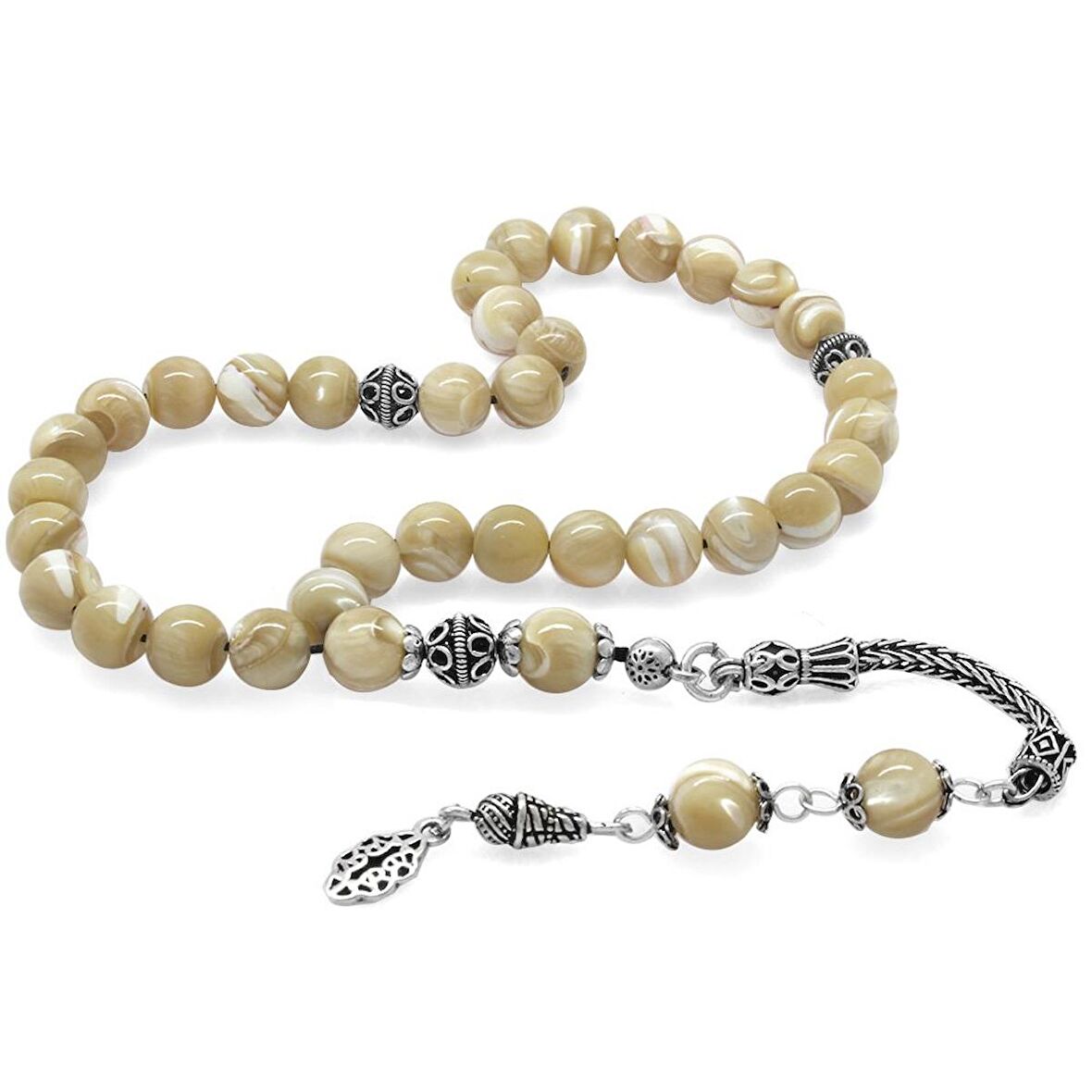 925 Ayar Gümüş Püsküllü Küre Kesim Sarı Sedef Doğaltaş Tesbih