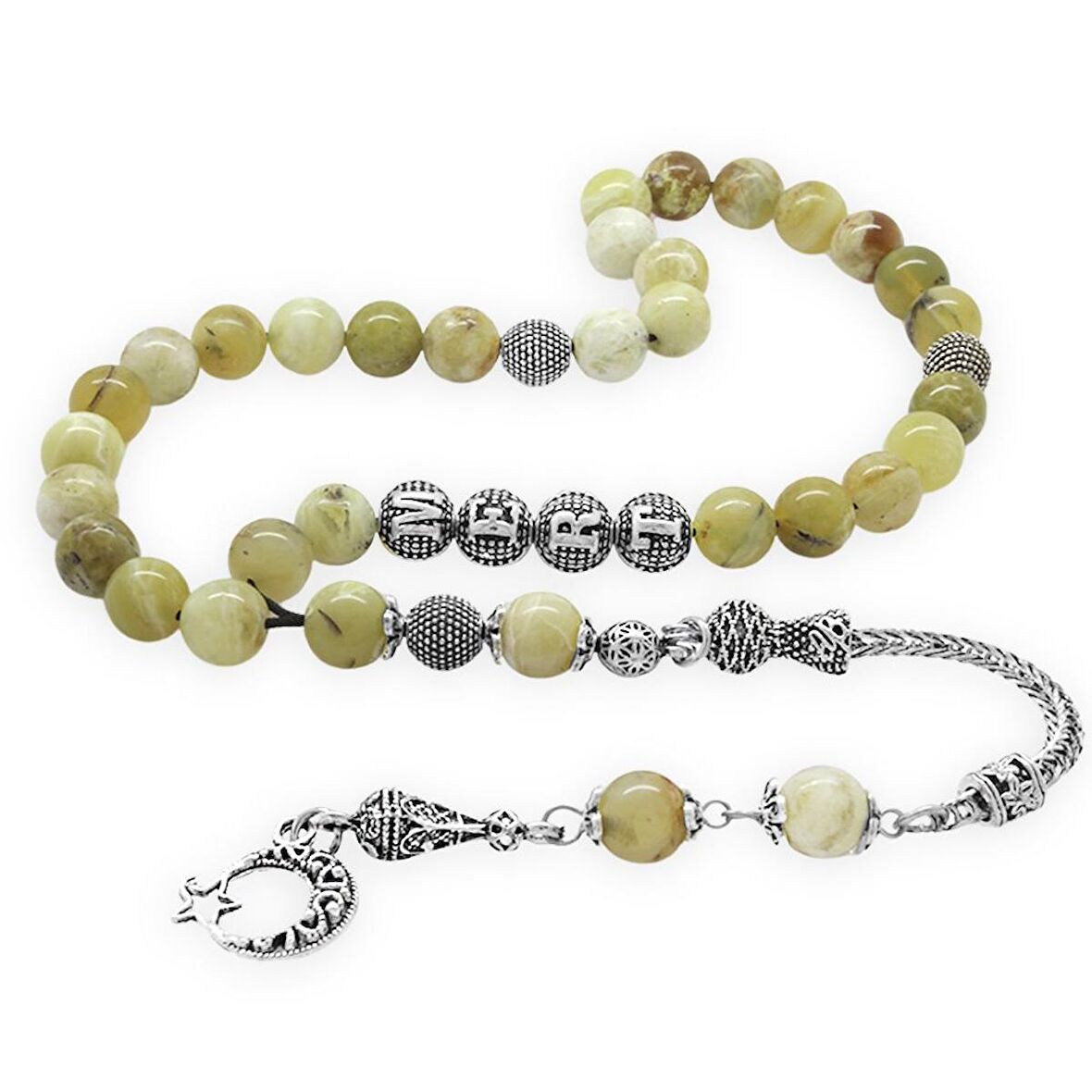 Kararmaz Metal Püsküllü Küre Kesim Kişiye Özel İsim Yazılı Opal Doğaltaş Tesbih