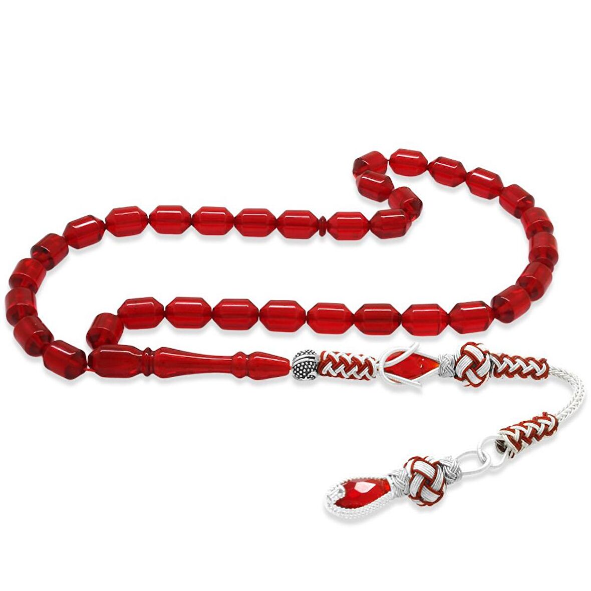 Bakır Kazaz Püsküllü Uçlu Kapsül Kesim Bayrak Kırmızısı Ateş Kehribar Tesbih