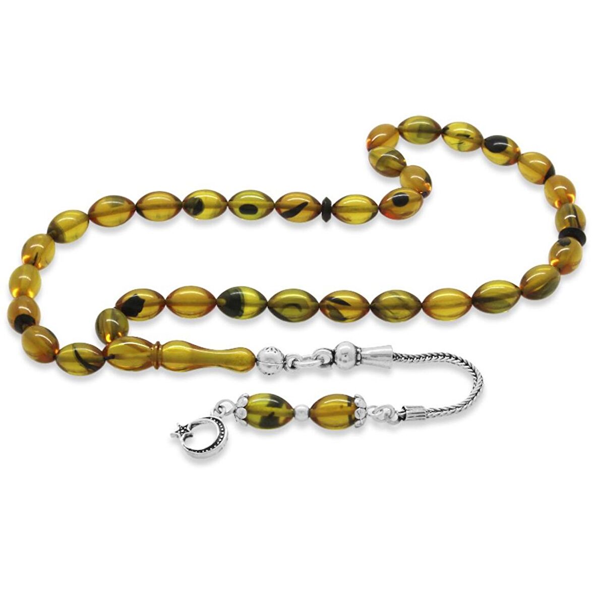 925 Ayar Gümüş Püsküllü Arpa Kesim Bilek Boy Sarı-Siyah Ateş Kehribar Tesbih