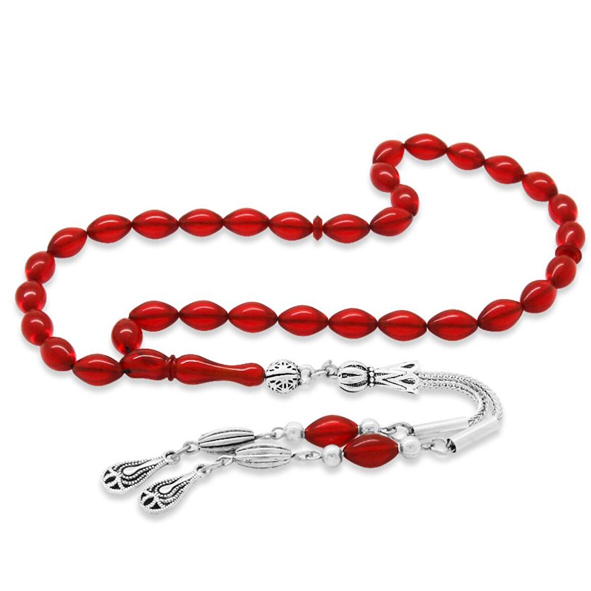 Kararmaz Metal Su Damlası Püsküllü Arpa Kesim Bilek Boy Bayrak Kırmızısı Ateş Kehribar Tesbih