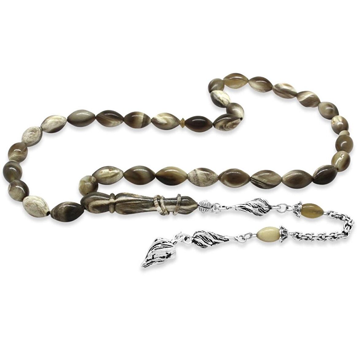 Çeşmi Bülbül Tasarım Kararmaz Metal Püsküllü Arpa Kesim Naturel Renk Bufalo Boynuzu Tesbih