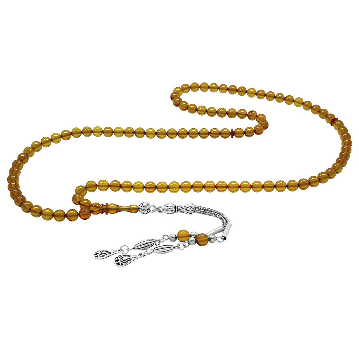 Kararmaz Metal Su Damlası Püsküllü Küre Kesim Sarı Ateş Kehribar 99'luk Tesbih