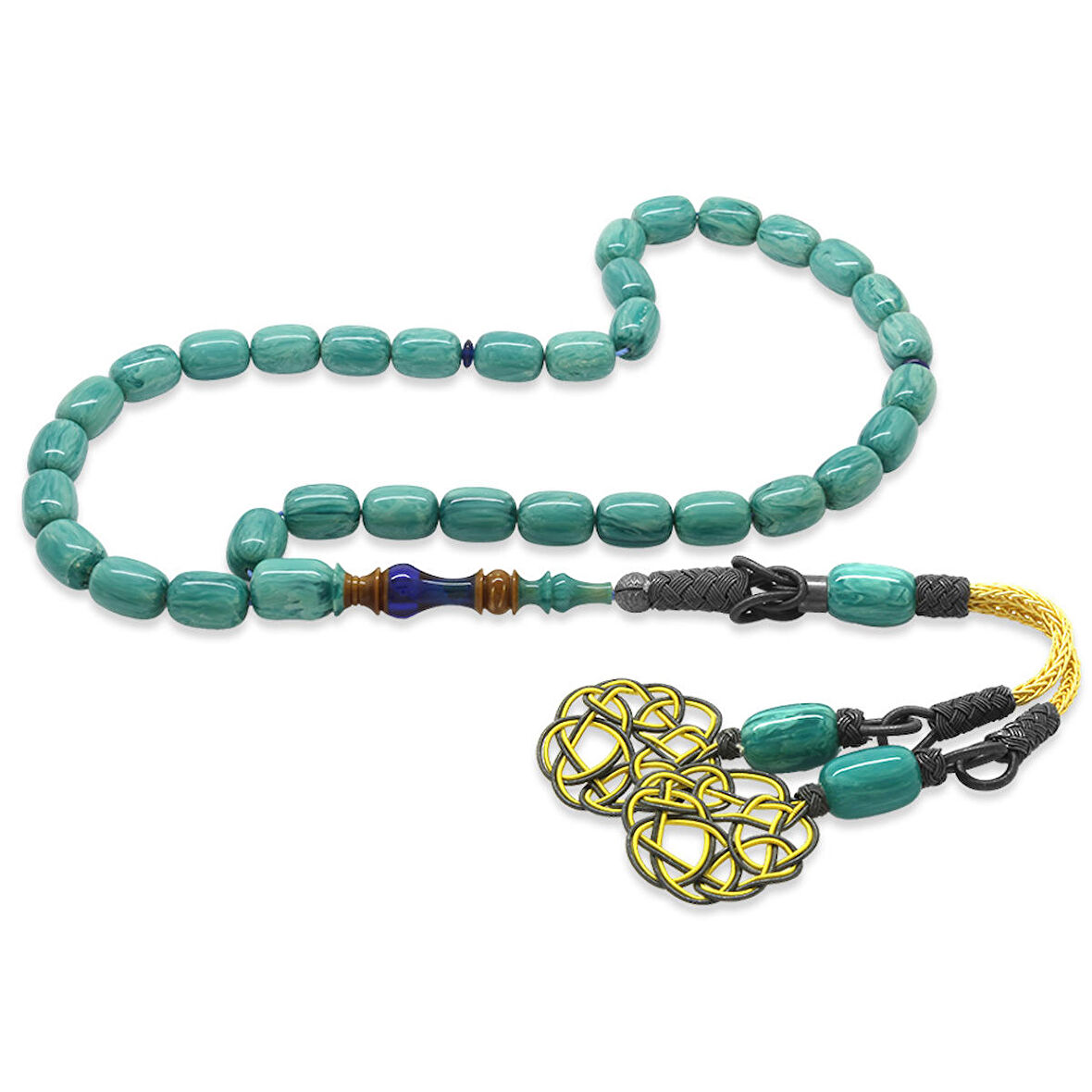 1000 Ayar Gümüş Kazaz Püsküllü Her Bir Tanesi Usta İşçilikli İmame&Hitame Kuka Kombinasyonlu Kapsül Kesim Turkuaz-Mavi Katalin Tesbih