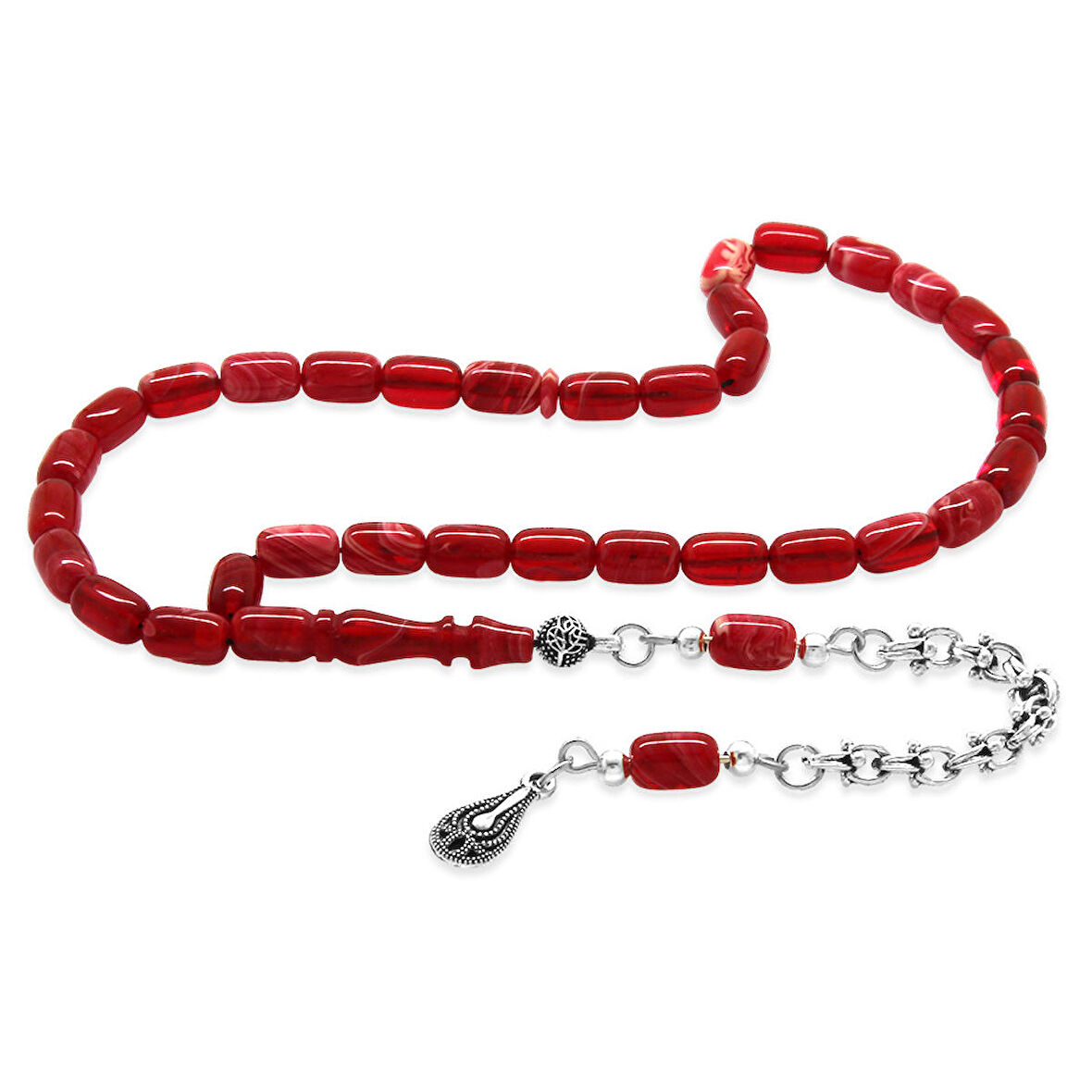 Kararmaz Metal Arnavut Zincir Su Damlası Püsküllü Kapsül Kesim Kırmızı-Beyaz Bilek Boy Ateş Kehribar Tesbih