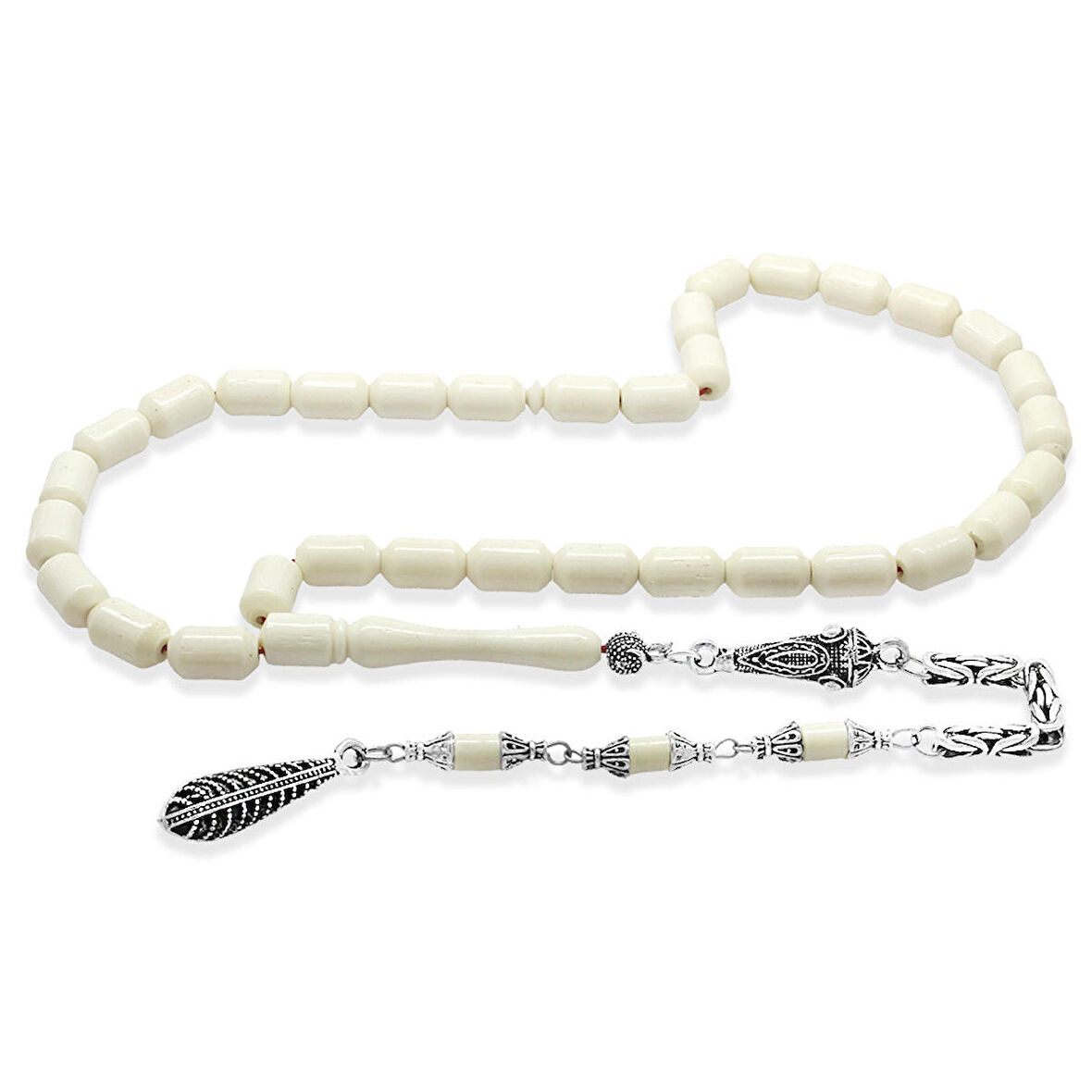 Kararmaz Metal Kral Zincir Püsküllü Uçlu Kapsül Kesim Naturel Renk Kırmızı İpli Deve Kemiği Tesbih