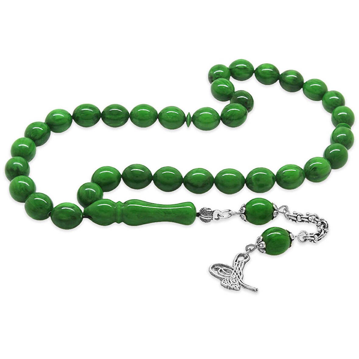 Kararmaz Metal Arnavut Zincir Tuğra Püsküllü Özel Kesim Yeşil Sıkma Kehribar Tesbih