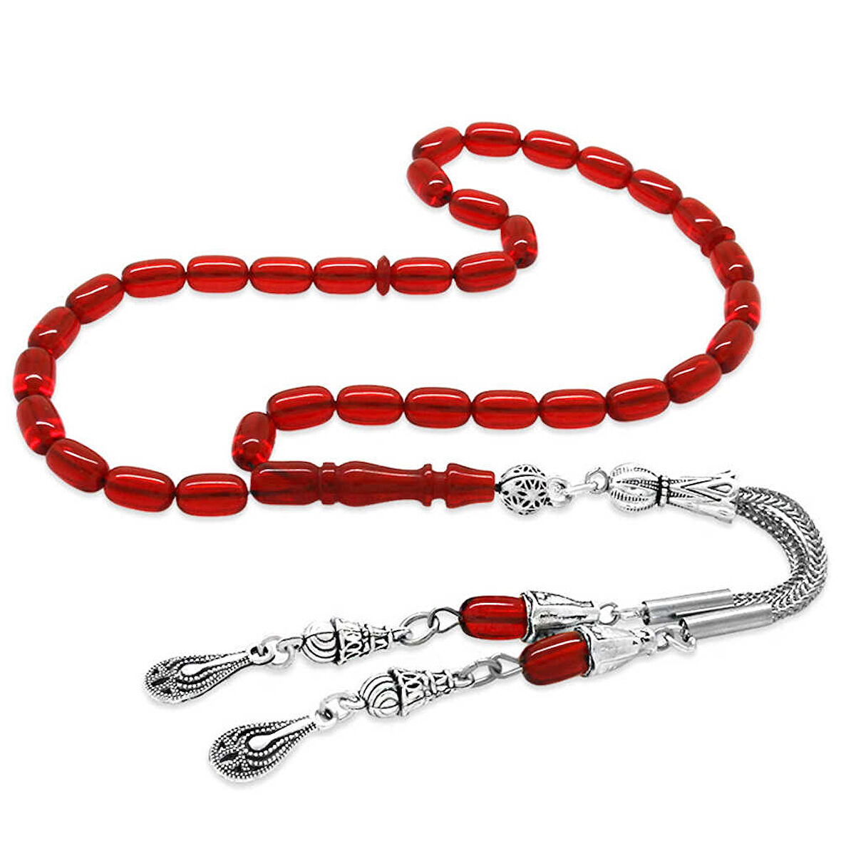 Kararmaz Metal 2'li Kamçı Püsküllü Kapsül Kesim Bilek Boy Bayrak Kırmızısı Ateş Kehribar Tesbih