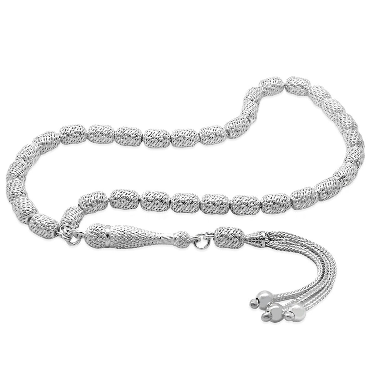 Üçlü Kamçı Püsküllü Telkari Tasarım Kapsül Kesim Silver Renk 925 Ayar Gümüş Tesbih