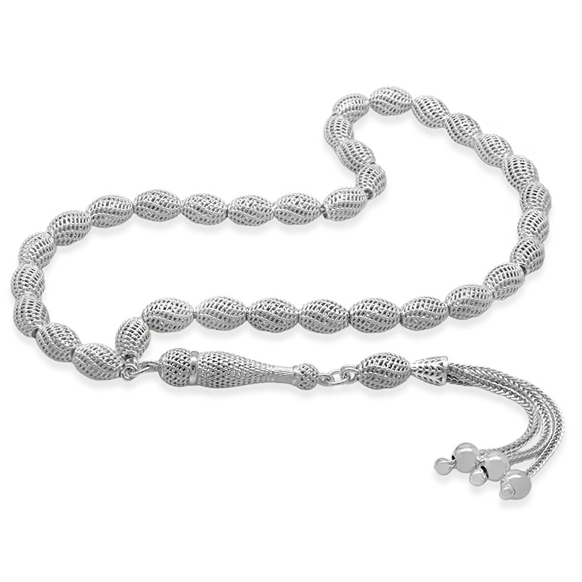 Üçlü Kamçı Püsküllü Çeşm-i Bülbül Tasarım Arpa Kesim Silver Renk 925 Ayar Gümüş Tesbih