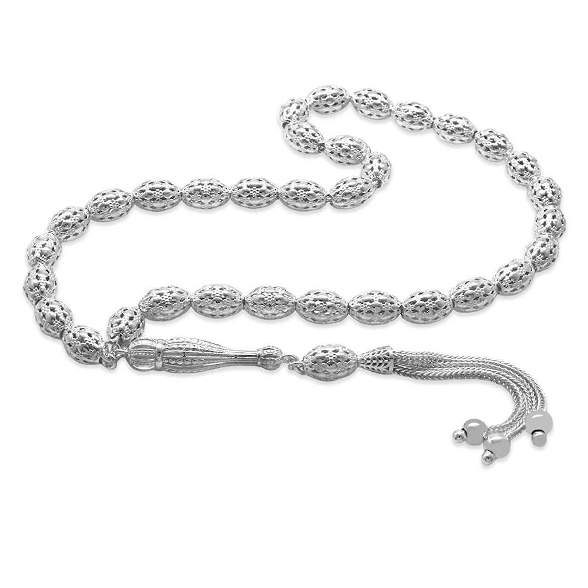 Üçlü Kamçı Top Püsküllü Kafes Tasarım Arpa Kesim Silver Renk 925 Ayar Gümüş Tesbih