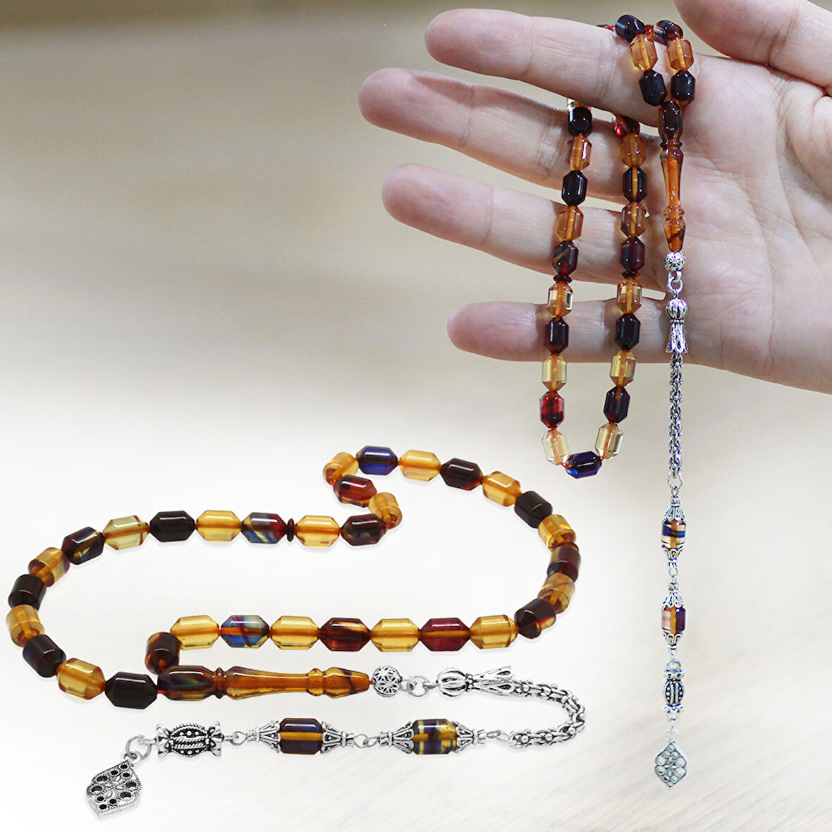 Kararmaz Metal Arnavut Püsküllü Uçlu Kapsül Kesim Bonibon Ateş Kehribar Tesbih