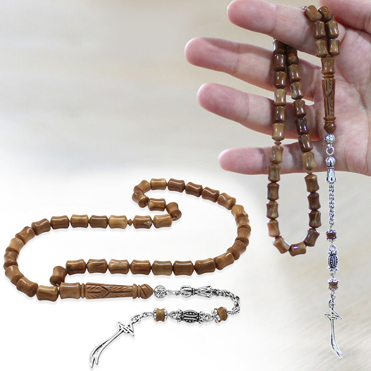 Kararmaz Metal Arnavut Zincir Püsküllü Zülfikar Uçlu İmame İşçilikli Koyu Kahverengi Kuka Tesbih