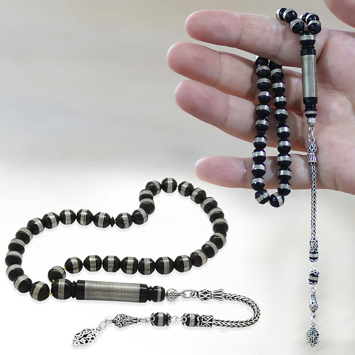 925 Ayar Gümüş Püsküllü Metal Sarmal Silindir Kesim Siyah Kuka Tesbih