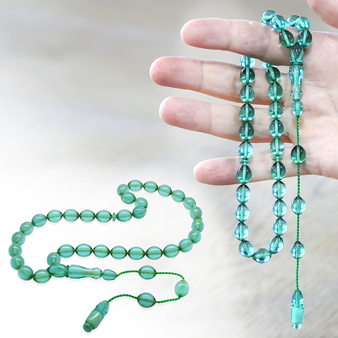 Sistemli Arpa Kesim Şeffaf Turkuaz Ateş Kehribar Tesbih