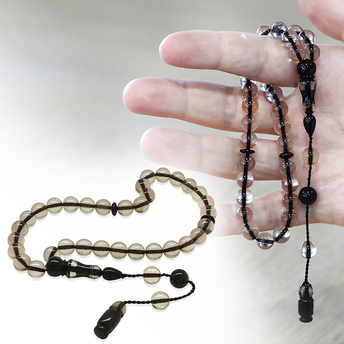 Sistemli Küre Kesim Sürmeli İmame Kombinli Şeffaf Ateş Kehribar Tesbih