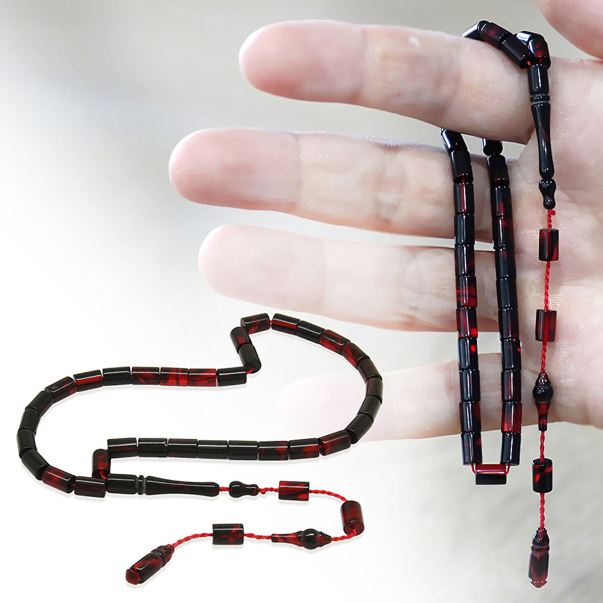 Sistemli Kesme Kesim Kırmızı Siyah Mini Boy Ateş Kehribar Tesbih